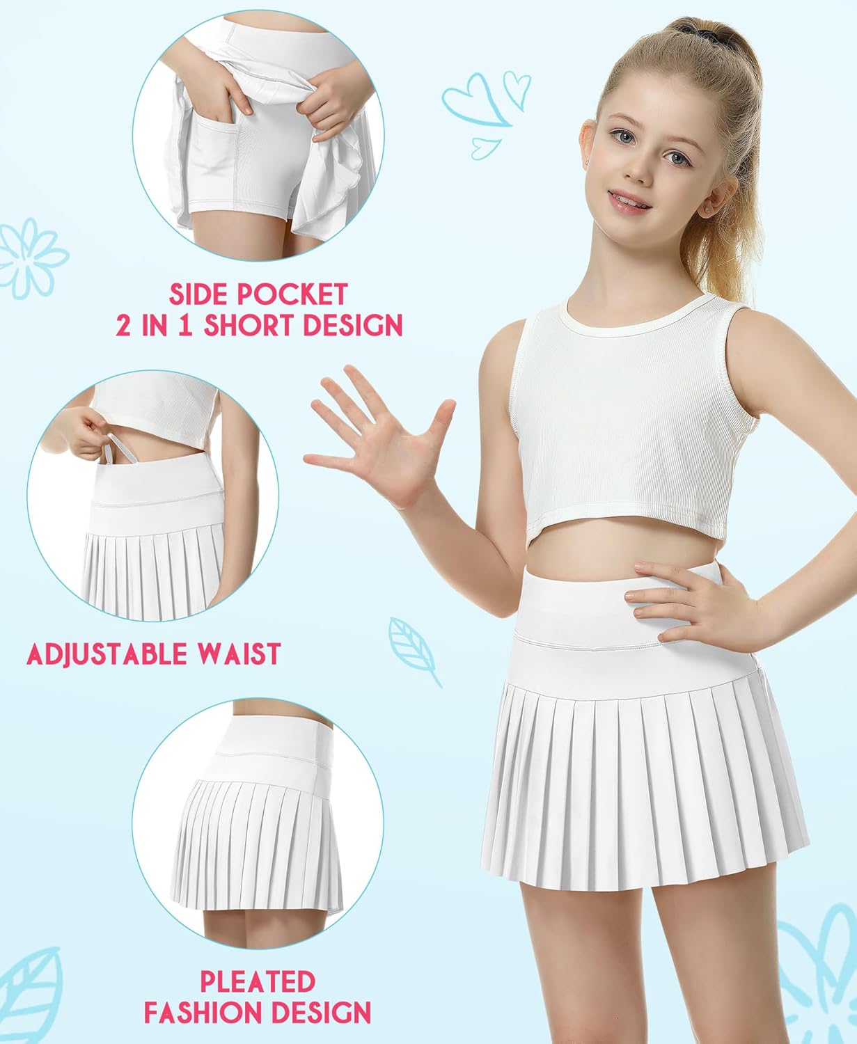 QooNoo Girls Pleated Tennis Skirts with Shorts Athletic Skirt with Side Pocket High Waist Active Skort for Girl Youth Kids - Image 4