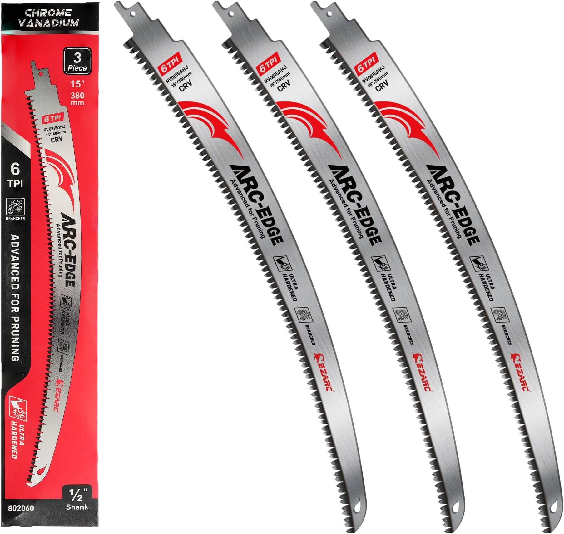 EZARC Japanese Teeth Reciprocating Saw Blade 15 Inch, Arc Edge Wood Pruning Saw Blades 6TPI for Tree Trimming, Wood Cutting, 3 Pieces