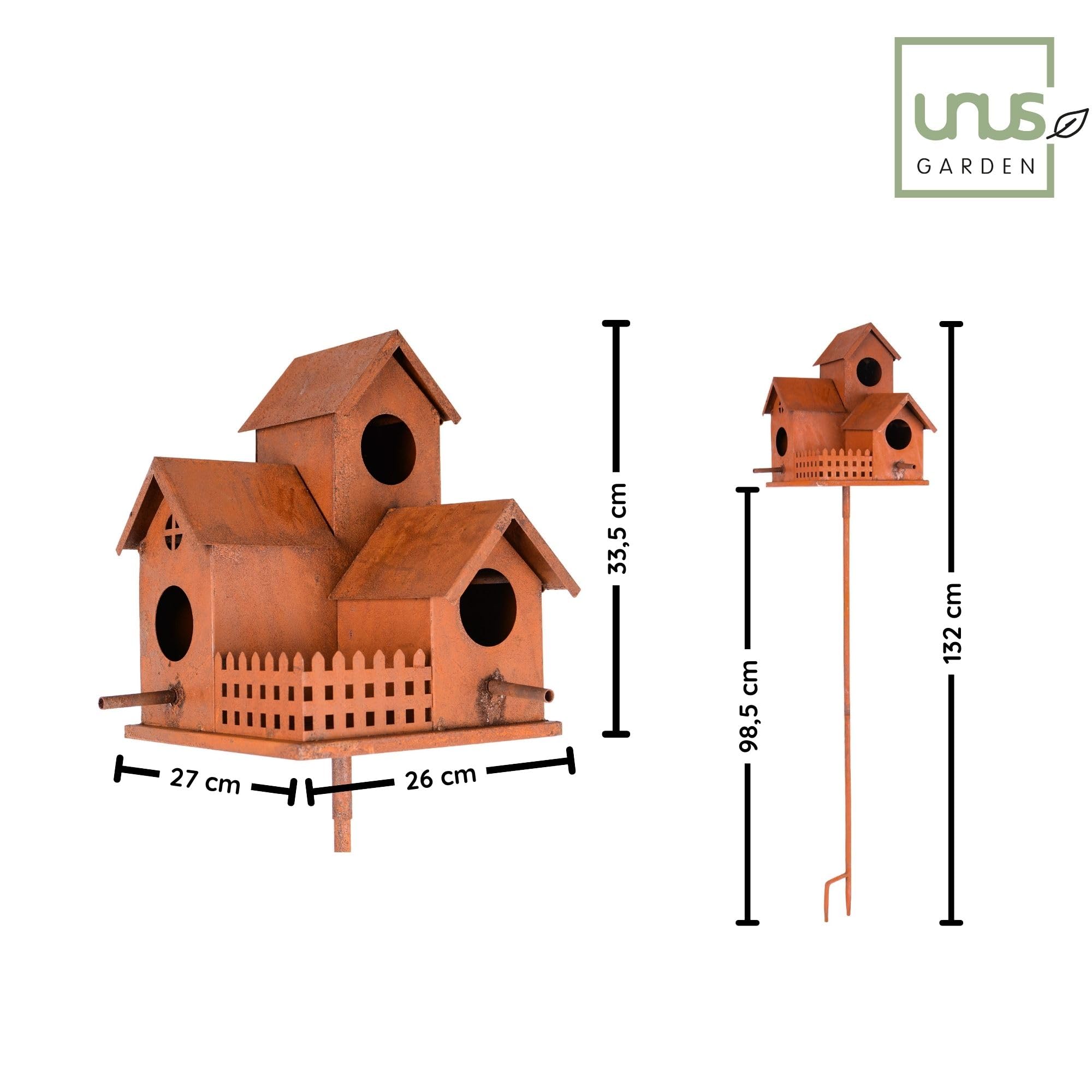 UNUS Vogelhaus aus Metall in Rostoptik mit Stab 132 cm dekoratives Vogelhäuschen für Garten und Terrasse