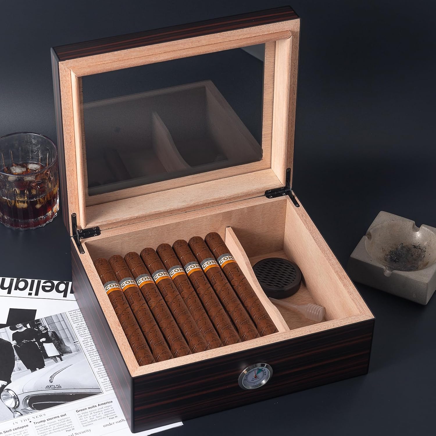Cigar Humidor,Cigar Case Holds 40-50 Cigars,Modern Glass Top Cedar Humidor Cigar Box with Hygrometer, Humidifier,Handcrafted Cedar Wood Tray and Divider(Ebony)