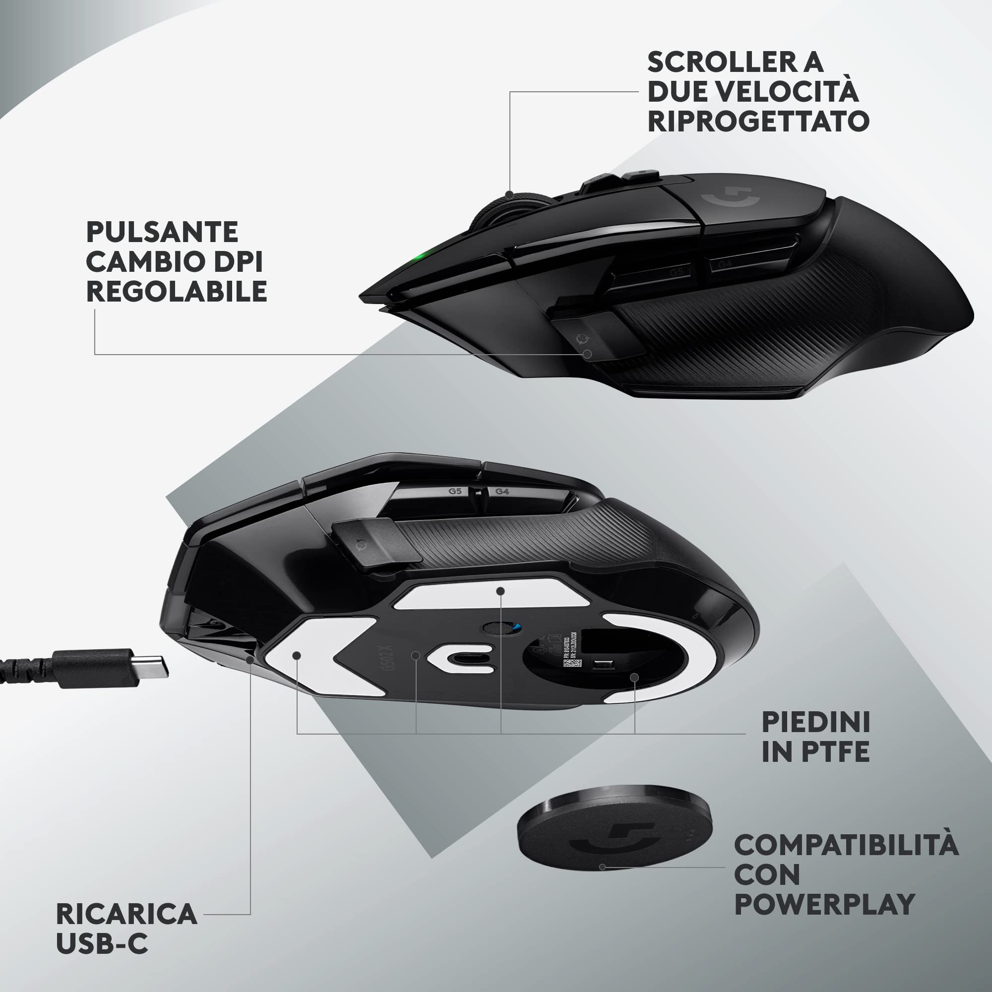 Logitech G G502 X LIGHTSPEED Mouse Gaming Wireless - Mouse Ottico con Switch Ottico-Meccanici Ibridi LIGHTFORCE, Sensore per Gaming HERO 25K, Compatibile con PC - macOS/Windows - Nero