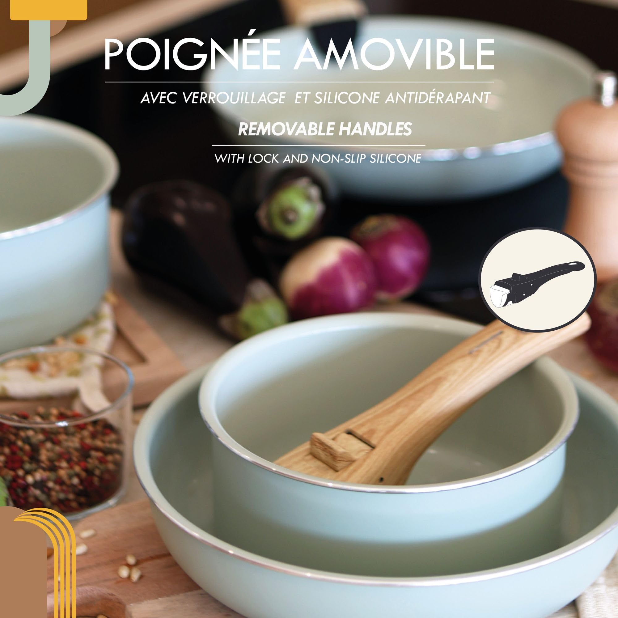 MENASTYL - Batterie de Cuisine Amovible Empilable - Tous Feux Dont Induction - Revêtement Céramique Antiadhésif sans PFAS - Gamme Colorama - Couleur Céladon - 2 Poêles + 2 Casseroles + 1 Poignée