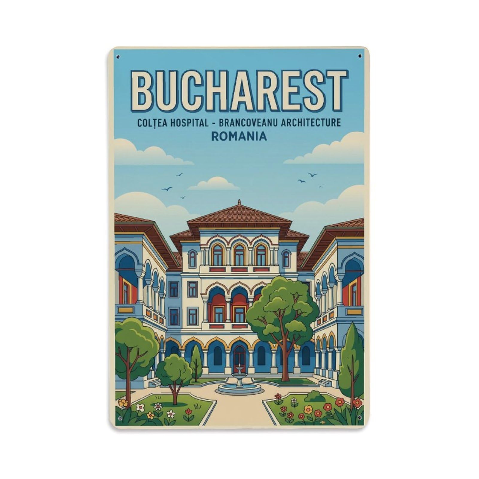 Vintage Travel Bucharest Coltea Hospital Clean Romania Metal Tin Sign Plaque Wall Decor for Cafe, Club Bar, Office, Home Garden Metal Poster 8x12Inch