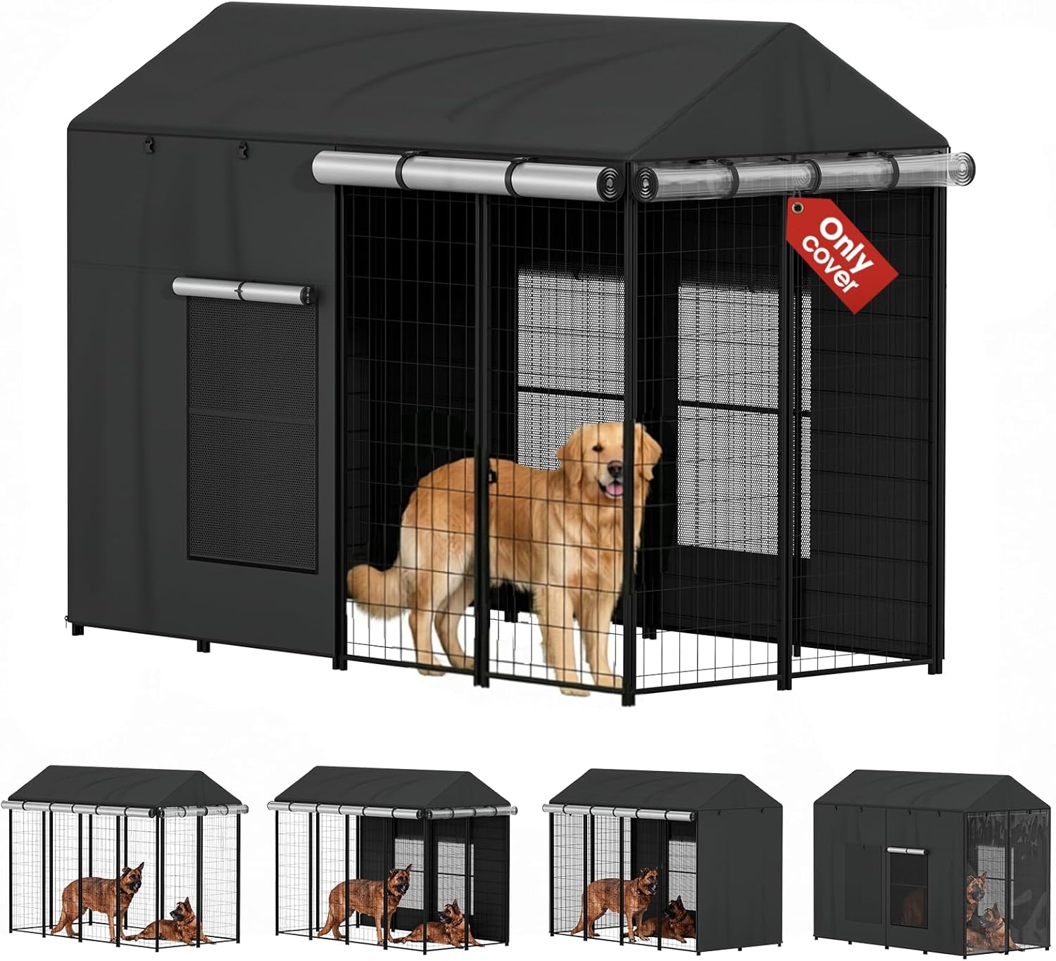 8'D x 4'W x 6'H Outdoor Dog Kennel Cover for Outside Dog Kennel, Waterproof 1200D Full Coverage Enclosure Covers, Black, Only Cover (Large)