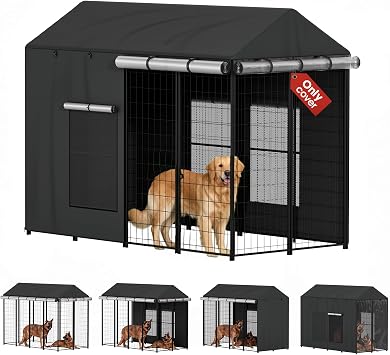 8D x 4W x 6H Outdoor Dog Kennel Cover for Outside Dog Kennel, Waterproof 1200D Full Coverage Enclosure Covers, Black, Only Cover Large