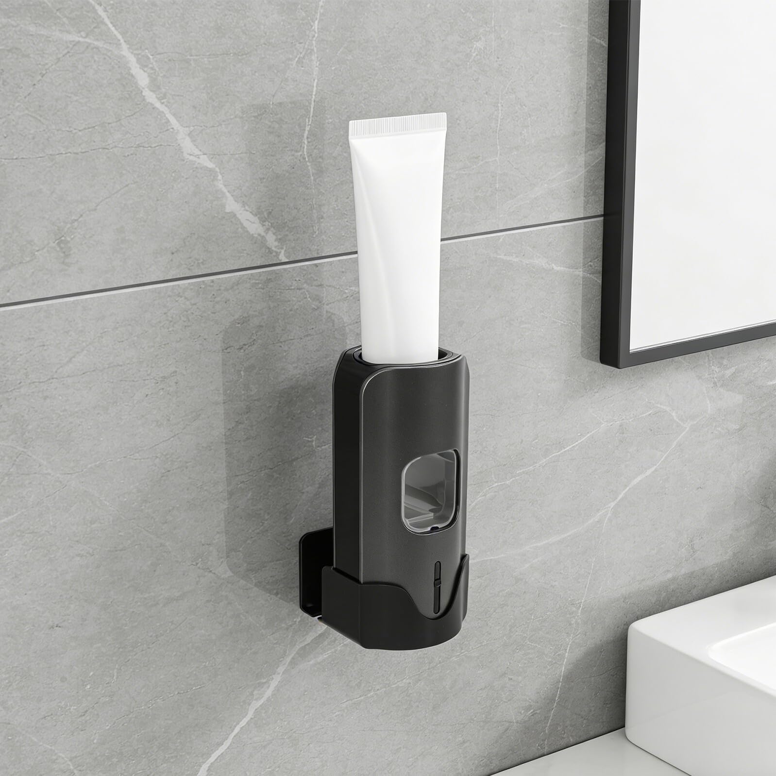 Dispenser Dentifricio Elettrico Compatto Nero in Plastica per Bagno | 3 Livelli Regolabili, 2 Alloggi Spazzolini, Installazione senza Fori per Affitto