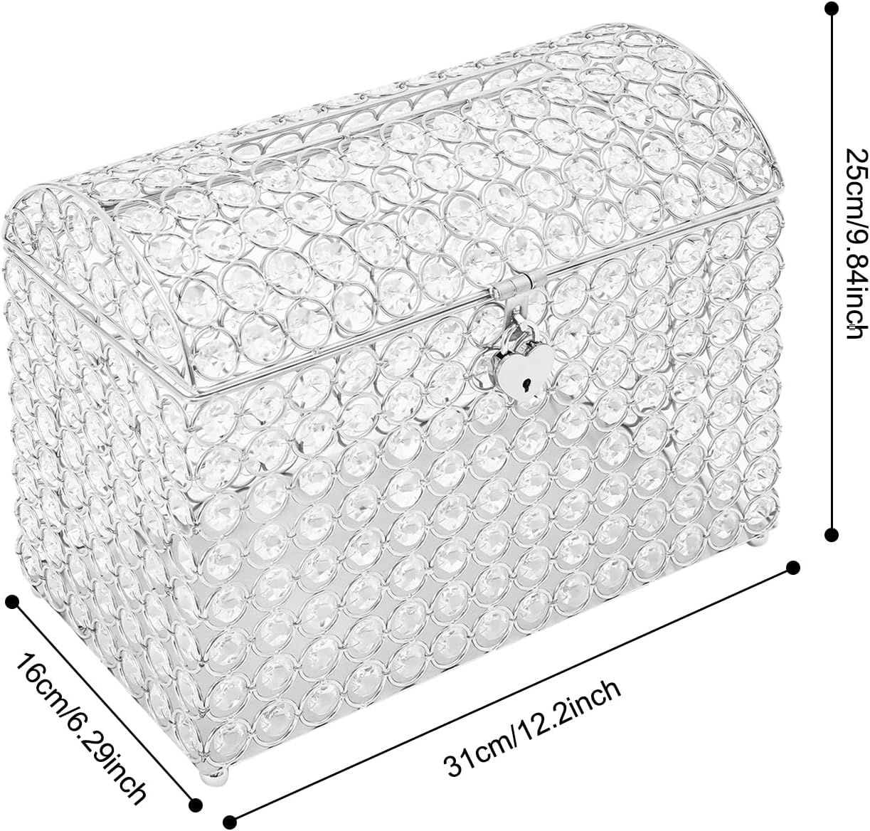 Crystal Wedding Card Box With Heart Lock, Crystal Money Card Box Treasure Chest Style, Bead Card Receiving Memory Storage for Wedding Receptions, Centerpiece Decor, Anniversary (Silver)