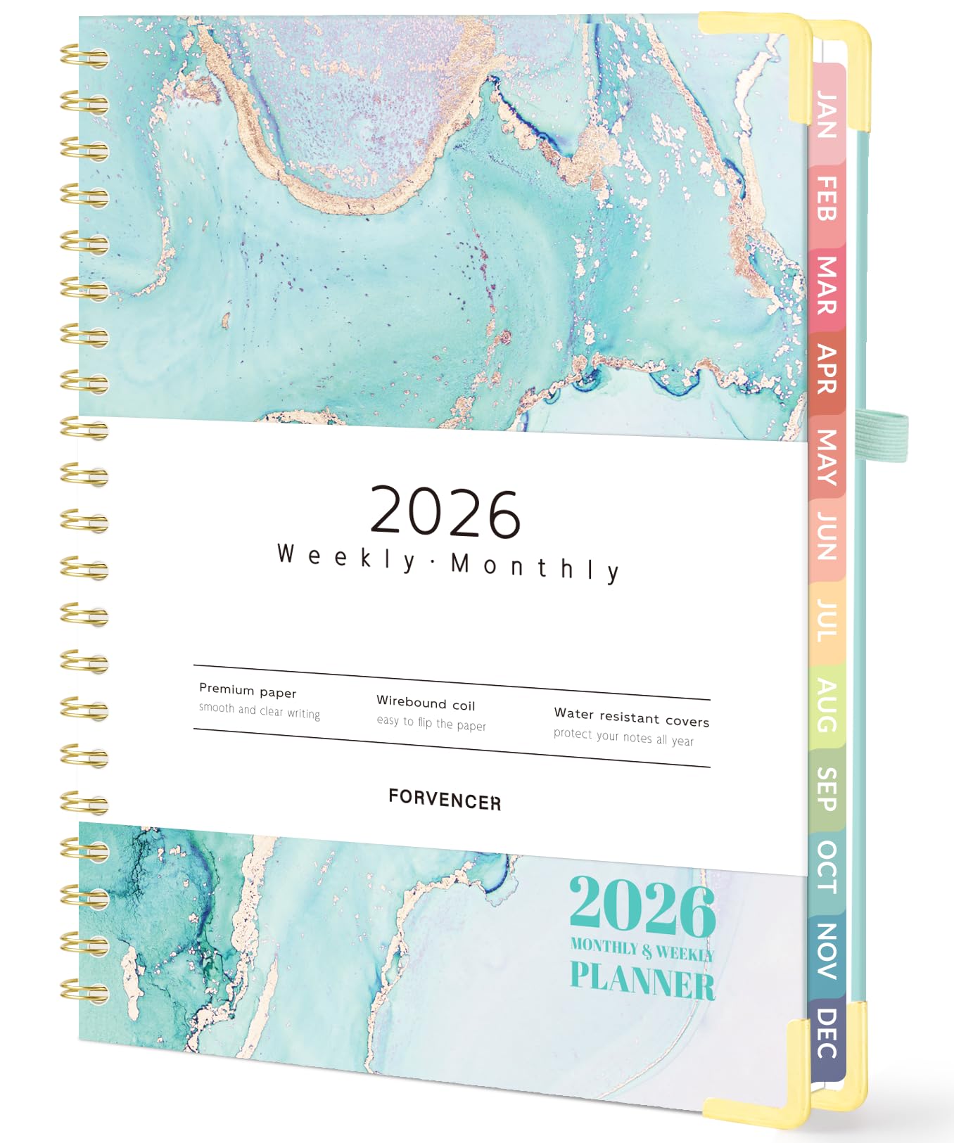Forvencer 2026 Planner, Hardcover Calendar Planner Weekly and Monthly, Jan 2026 - Dec 2026, 8.5" x 11", Spiral Agenda Book with Tabs, Exquisite Daily Journal Organizer for Home School, Teal Marble