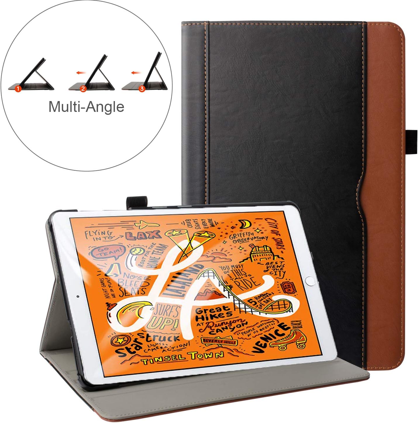 ZoneFoker New iPad Mini 5 7.9 inch 2019 Tablet Leather Case, Auto Sleep/Wake Multi-Angle Viewing Folio Stand Cover Cases with Pencil Holder for Apple iPad Mini5 5th Generation (#1 Black/Brown)