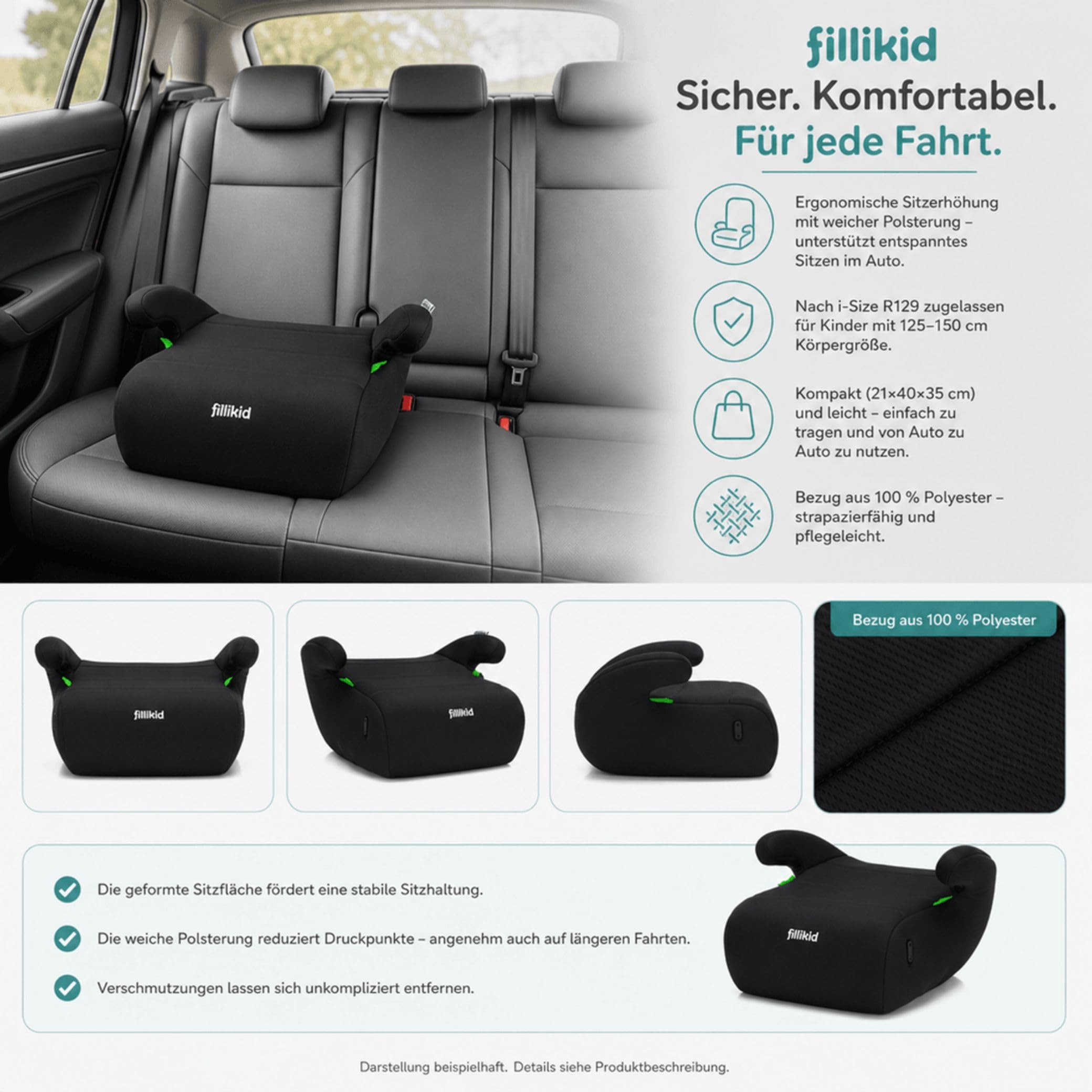 Fillikid Sitzerhöhung ERGO Exklusiv i-Size R129 (125-150 cm) | Ergonomische Kinder Sitzerhöhung mit weicher Polsterung | Kompakt & leicht, 21x40x35 cm | Sicherer Autositz Booster Seat | 125-150 cm, Ergonomisch, Weiche Polsterung, Kompakt & leicht, 21x40x3