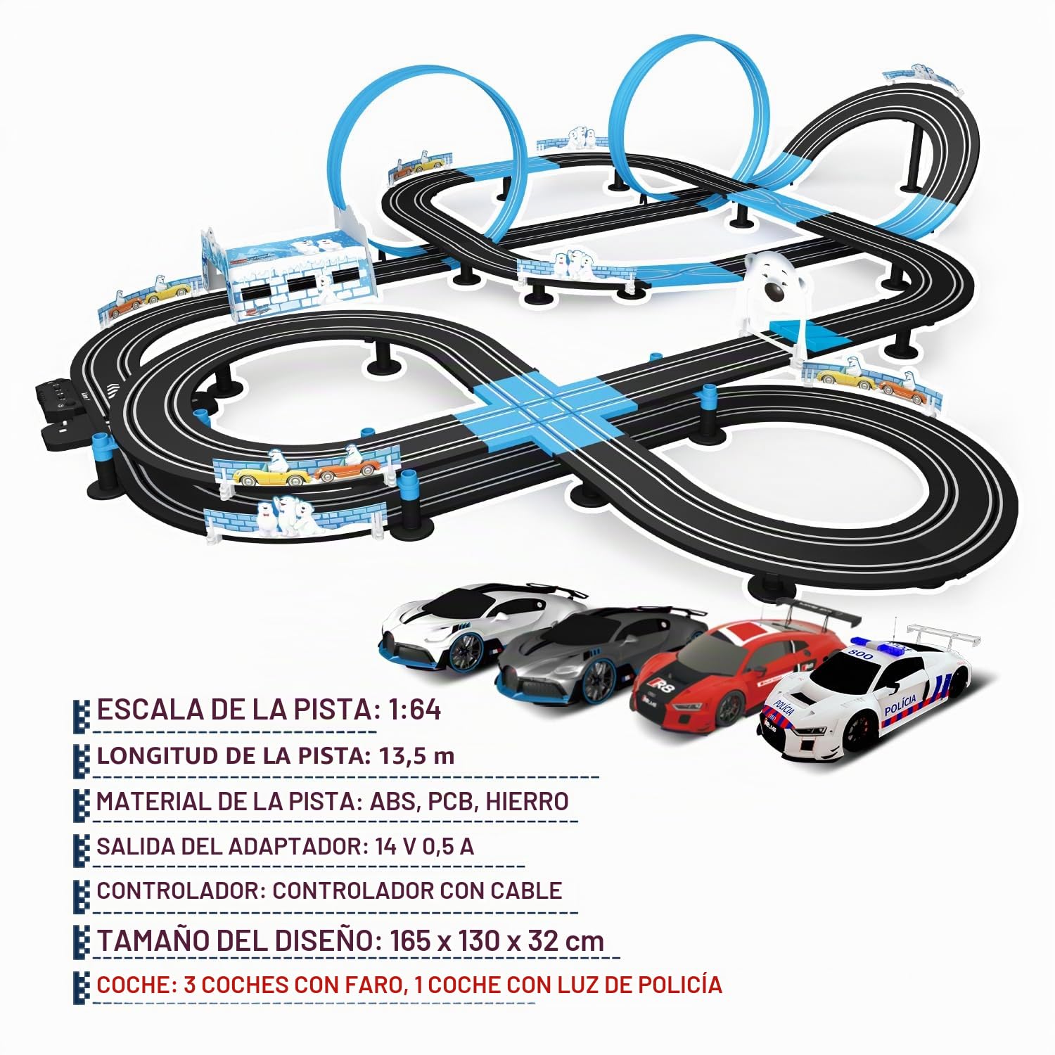 AGM MASETCH - Juego de pista doble de tranvía de alta velocidad, pista con 4 vehículos con licencia oficial de carreras de coches, viene con 2 controles manuales y piezas de pista y un contador de