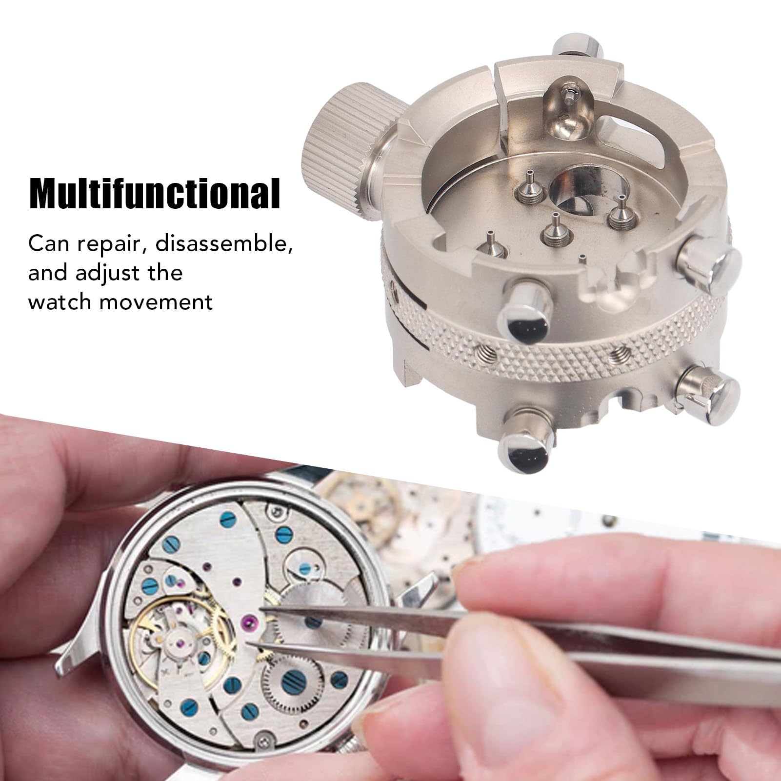Soporte de movimiento de reloj de acero inoxidable para movimiento 7750, herramienta de ajuste de fijación segura con tornillos de tope y columnas de latón para relojeros