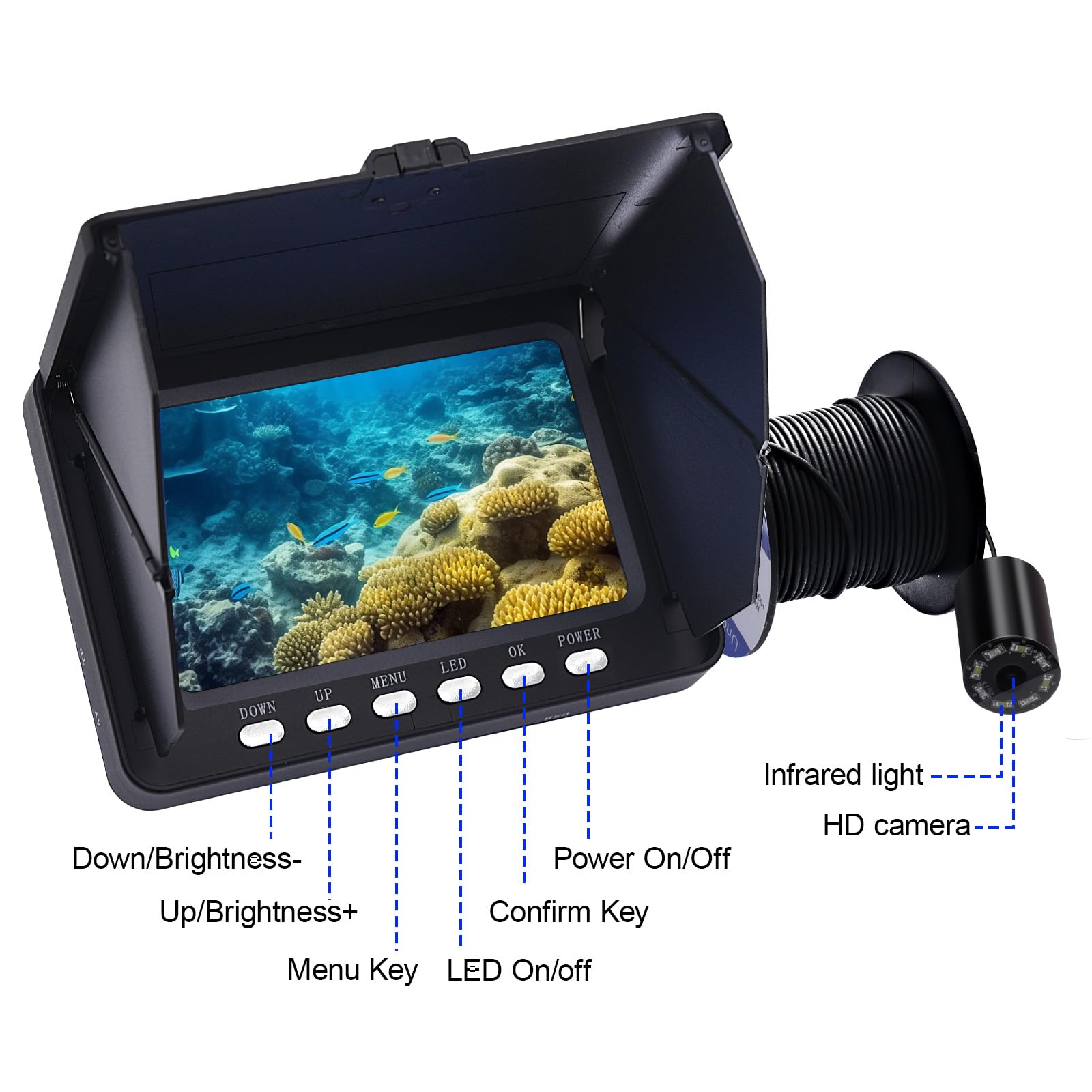 KAOLALI Unterwasser Fish Finder Kamera 5" HD IPS 1080P Display Fischfinder IR LED Nachtsicht Kamera mit 5000 mAh Akku für EIS, Fluss und Boot(20m/65,6ft)