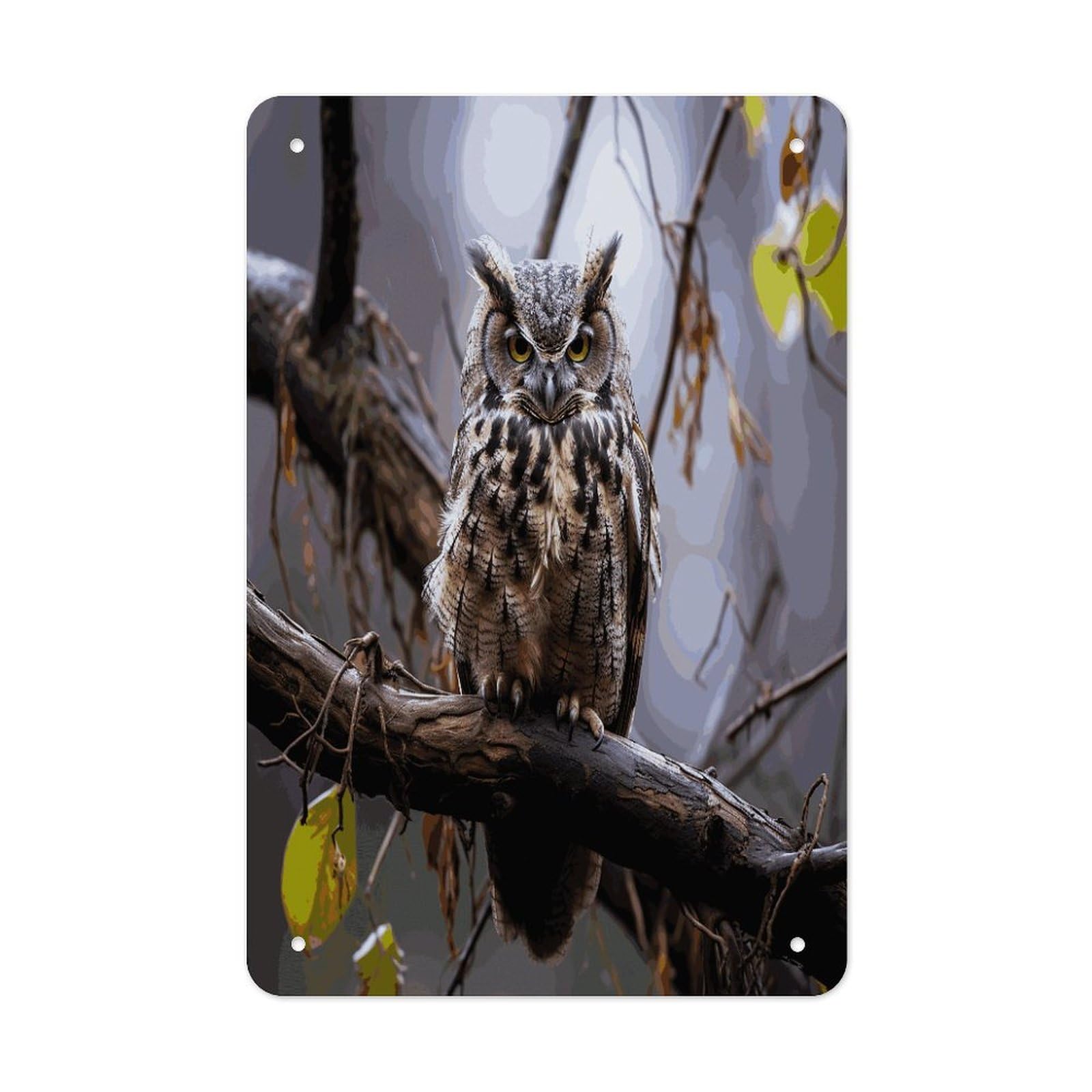 LDGSUPH Owl on A Branch Wall Art Prints Folded Edge Iron Sheet Painting with Holes for Wall Prints Decorative Picture Metal Signboard Decor Painting for Outdoor Indoor Wall Decor
