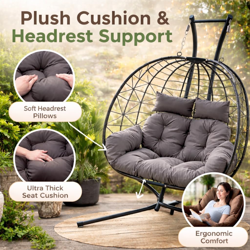 Double Hanging Egg Chair wth Stand, Egg Chair Outdoor with Cushion Loveseat for Bedroom, Balcony, Garden, Indoor, Outdoor, Grey