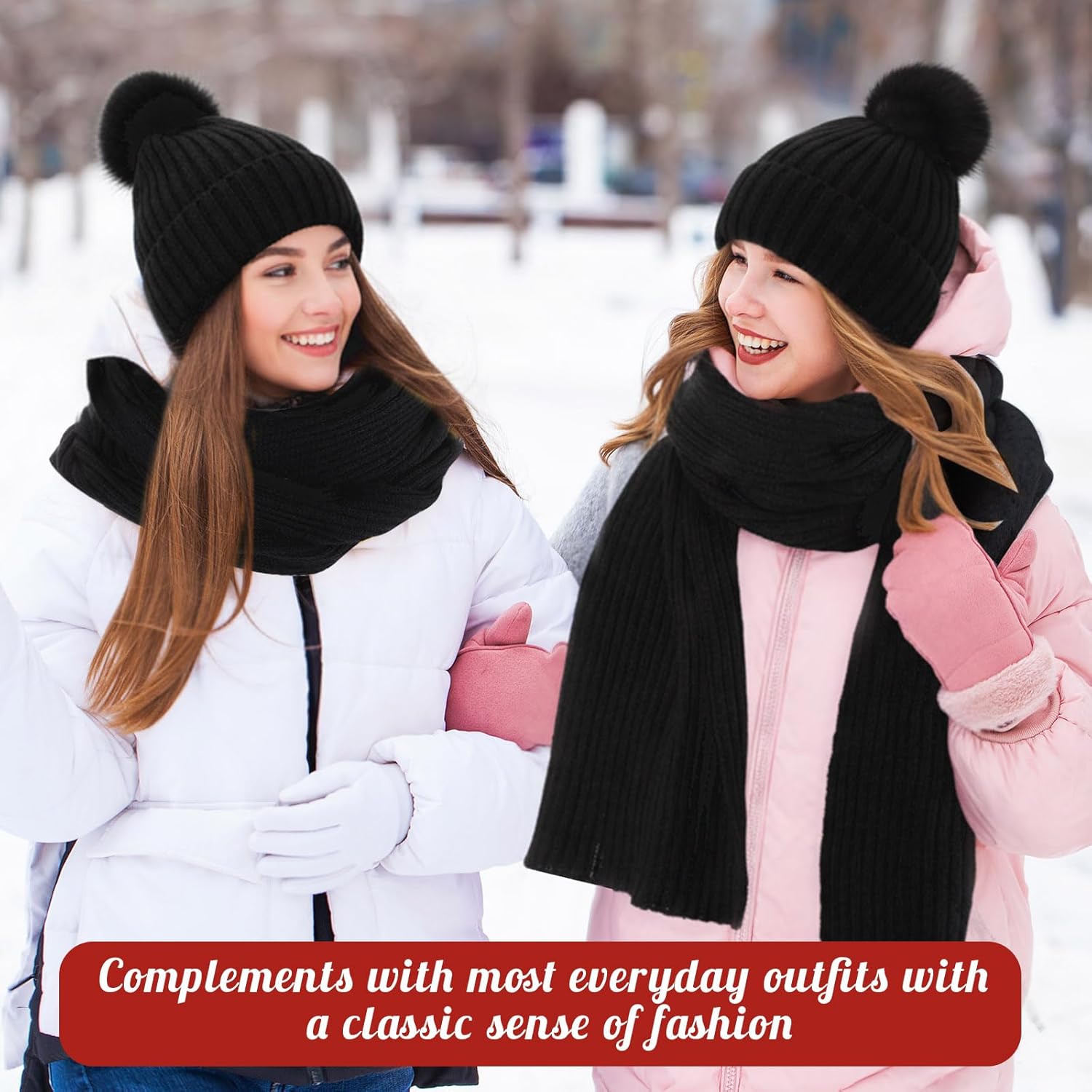 4 Pcs Winter Beanie Hat Scarf Gloves Headband Set Pom Pom Hat for Women Black Touchscreen Glove Long Neck Knit Scarf Wide Headband Cable 4 in 1 Set for Winter(Black) - Image 5