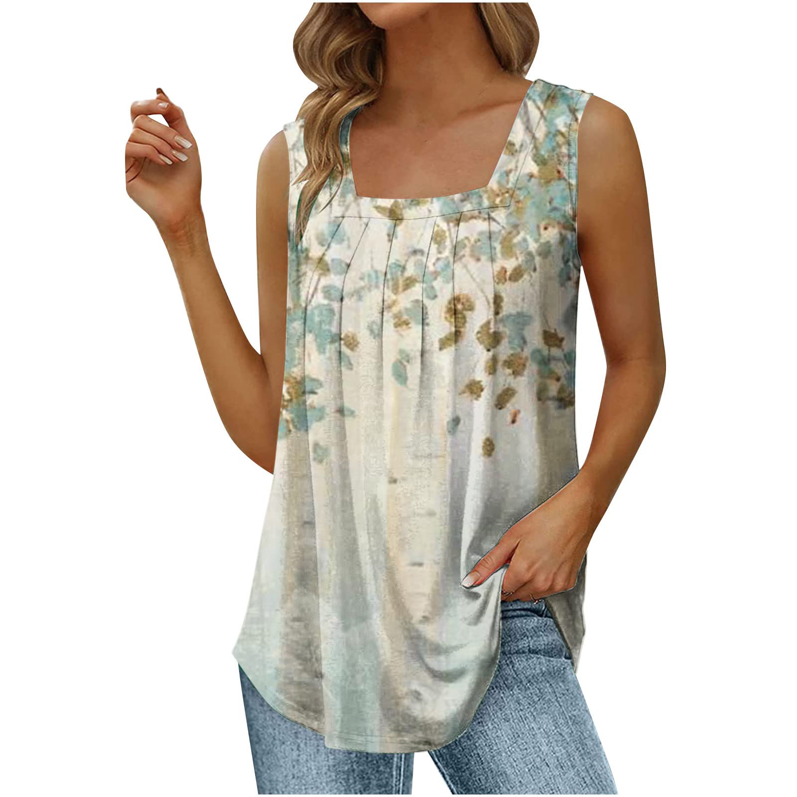 Summer Shirts for Women Pleated Floral Print Tunic Short Sleeve Square Neck Blouse Casual Fashion Comfy Swing Tops