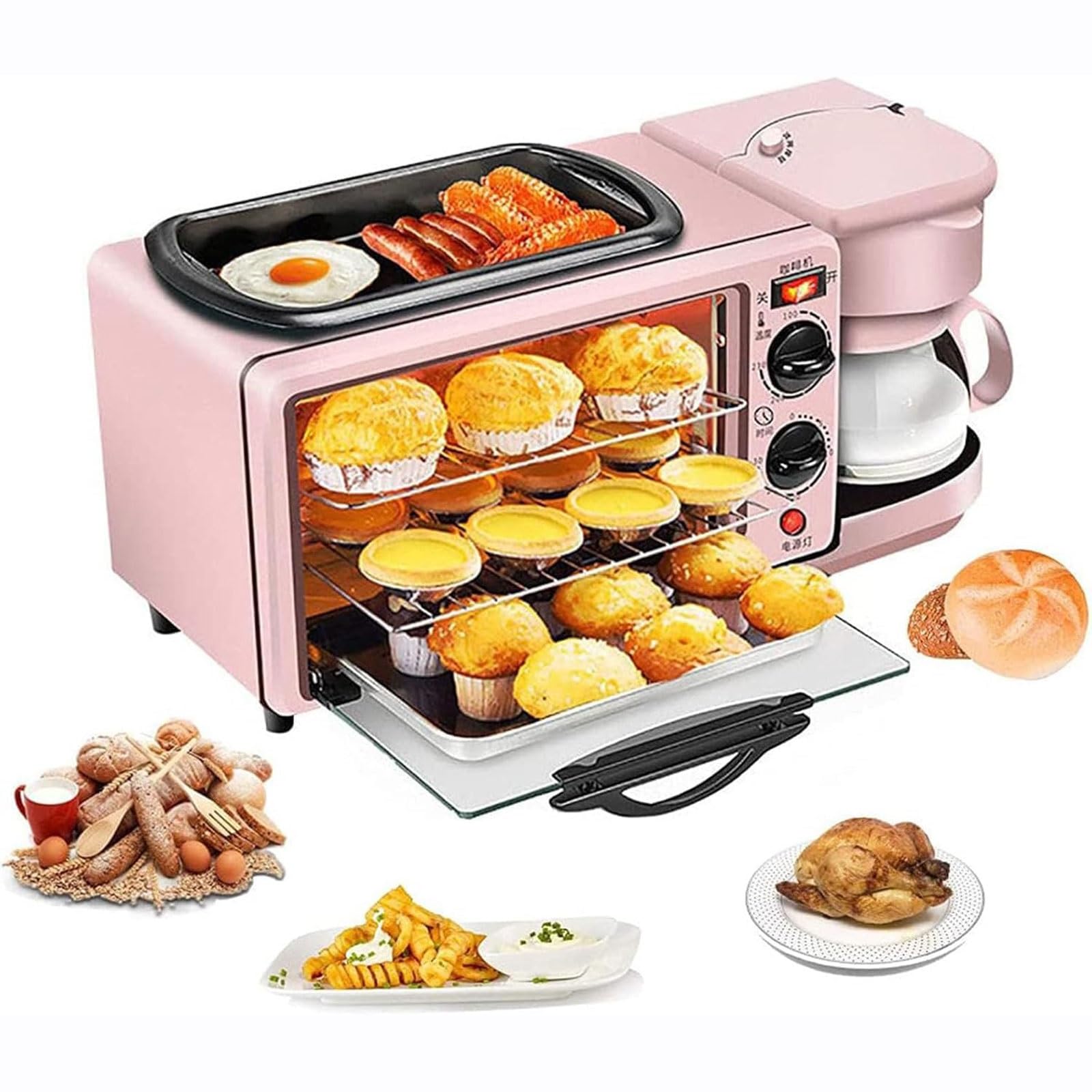 Macchina per la colazione elettrica, stazione per la colazione 3 in 1 con pentola da 1,2 l, area di cottura di grande capacità da 9 l e macchina per il caffè, controllo della temperatura da 100 a 23