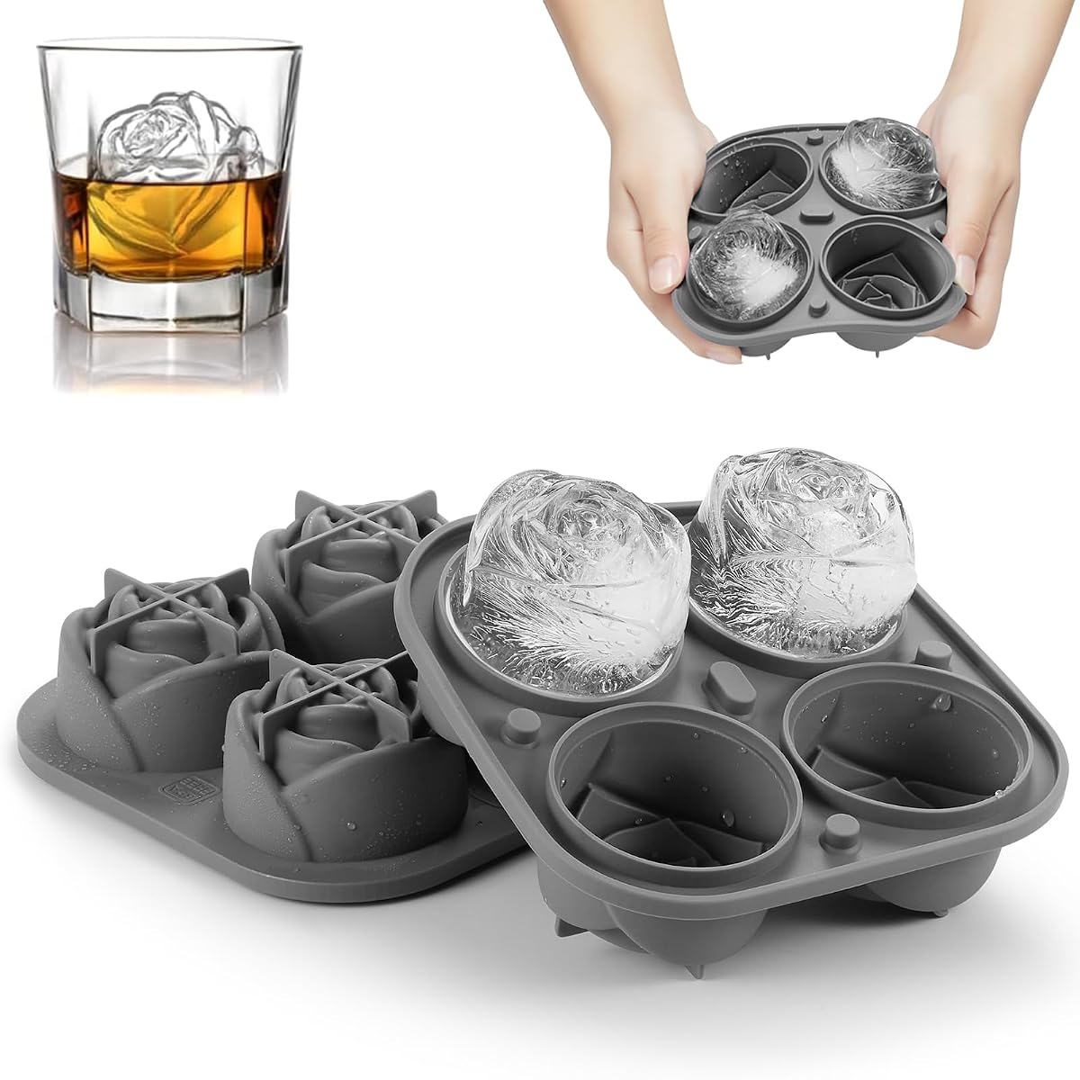 Nax Caki Rose Ice Cube Mold Tray Pack 2, 2.5" Large Silicone Rose & Heart Fun