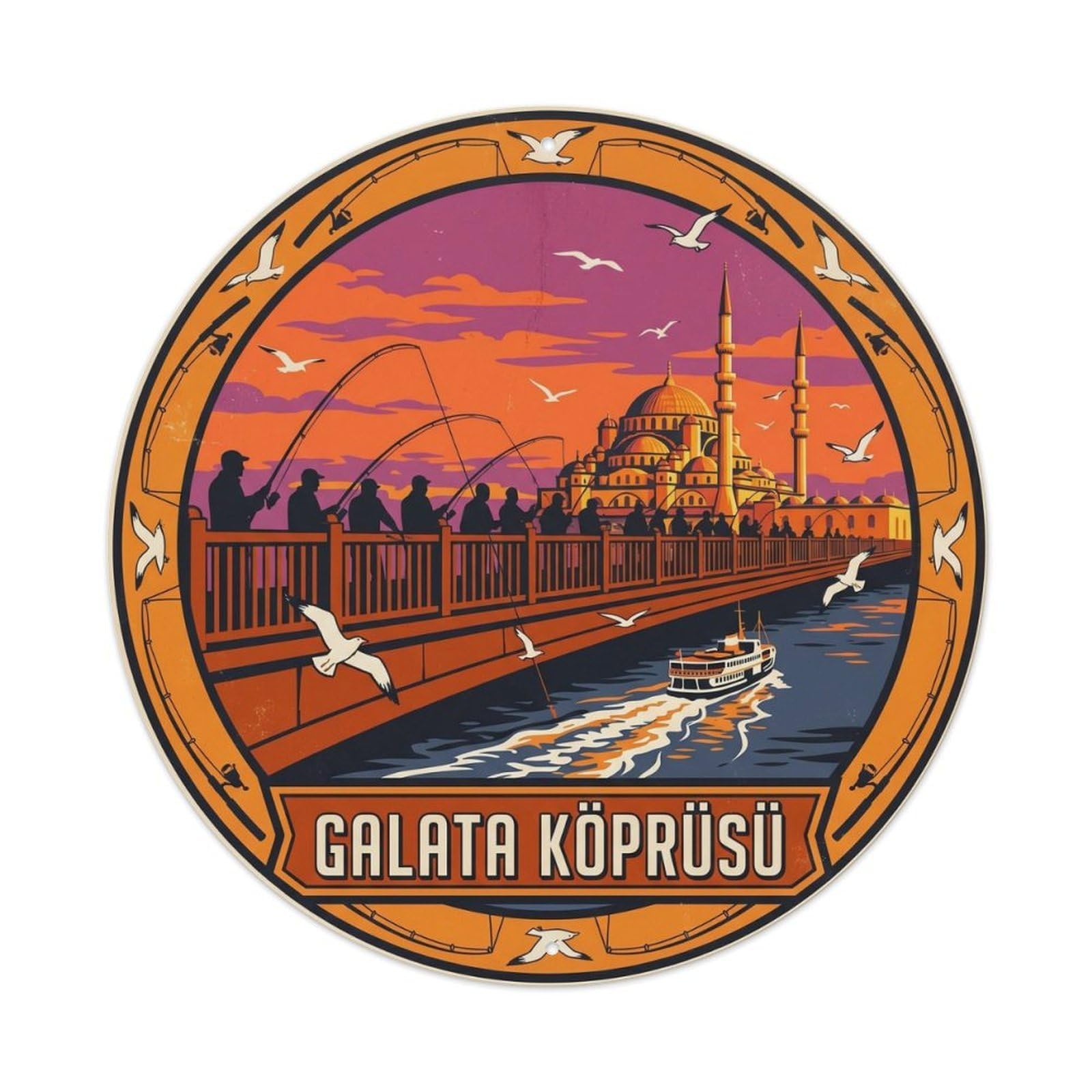 Galata Bridge Fishermen Dusk Anatolian Classic Graphic Metal Tin Sign