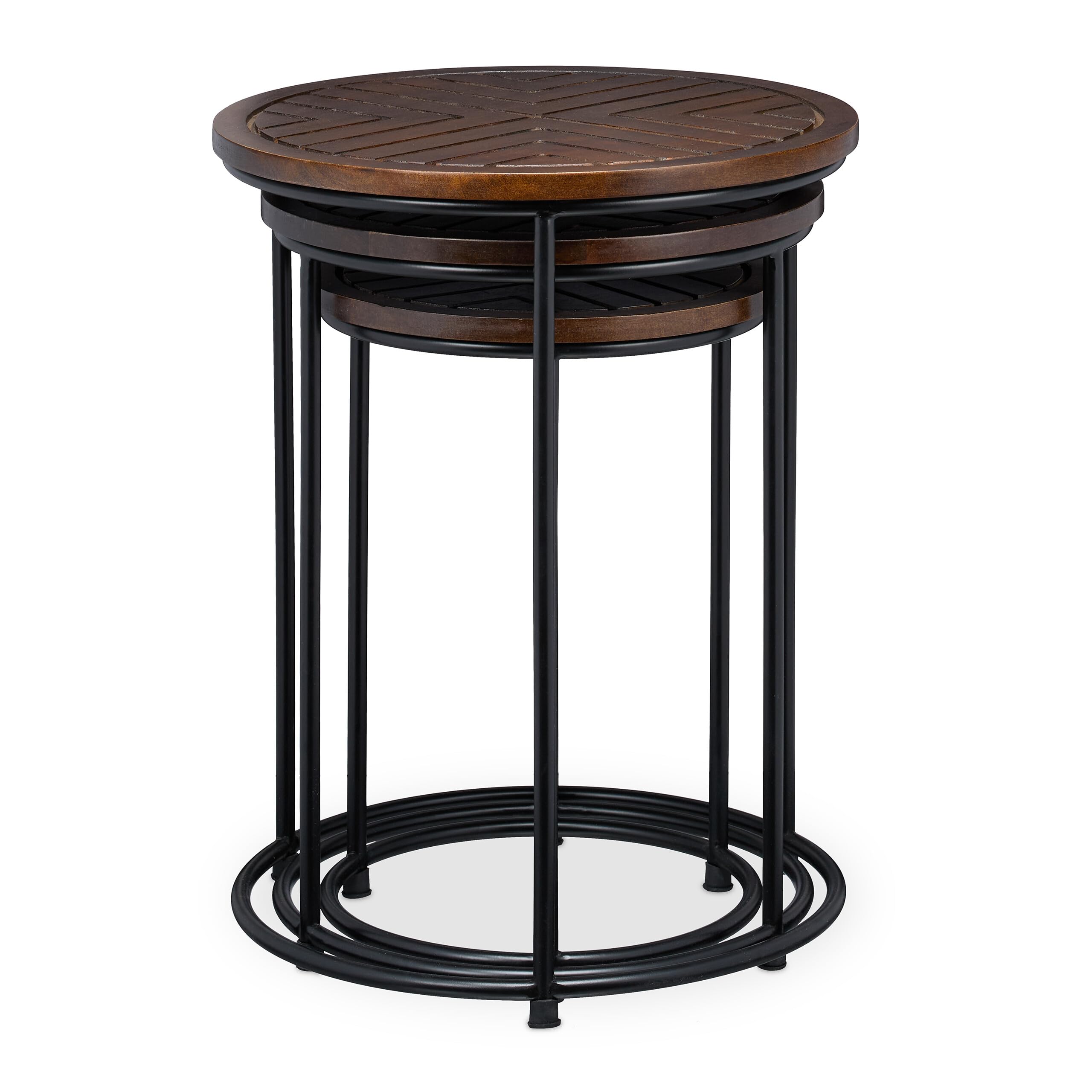 Relaxdays Table d'appoint en Lot de 3, Bois de manguier, Cadre en Fer, pour Le Salon ou la Chambre, Marron foncé et Noir