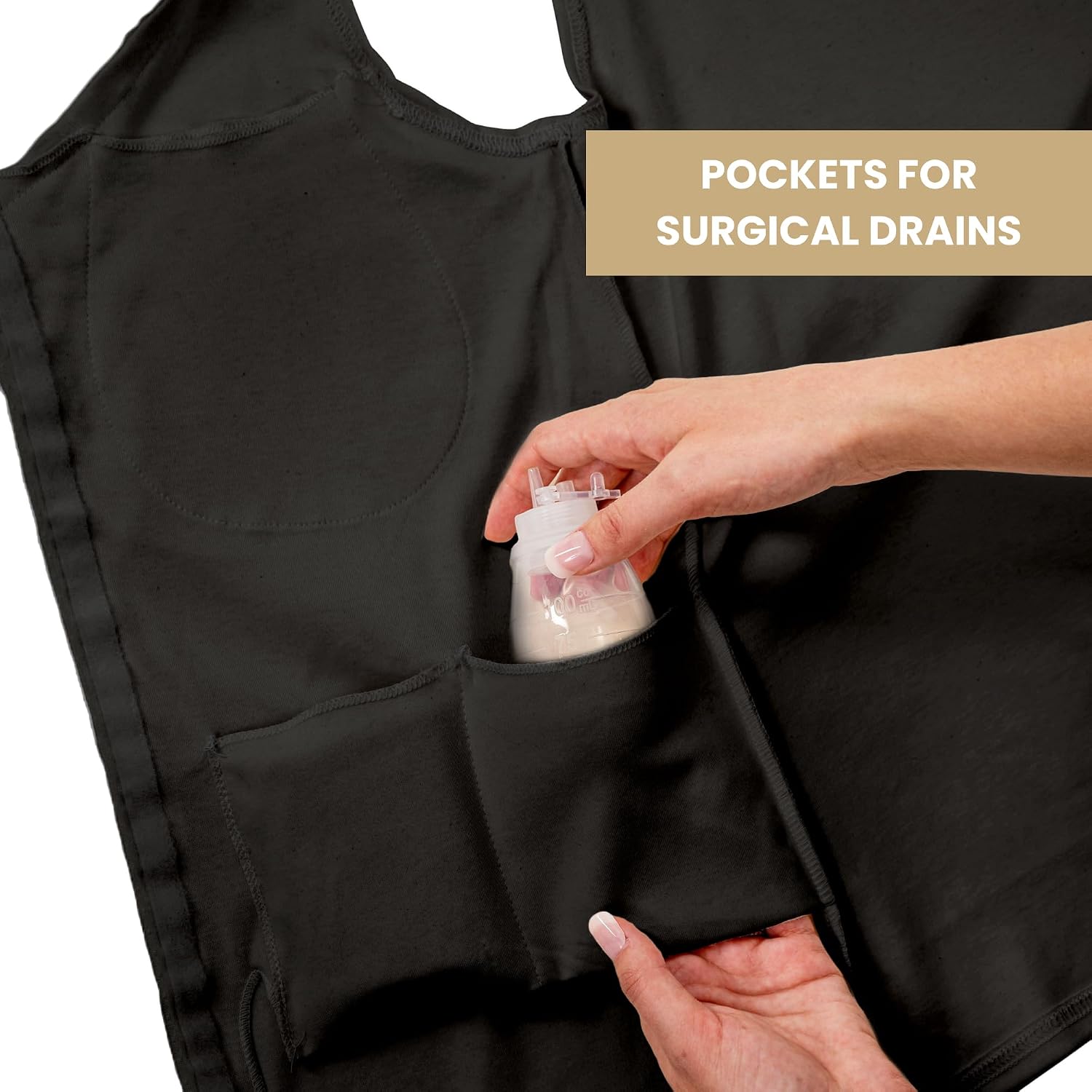 Gentle Touch Post Mastectomy Recovery Camisole- Includes Drain Pockets and Breast Forms Black
