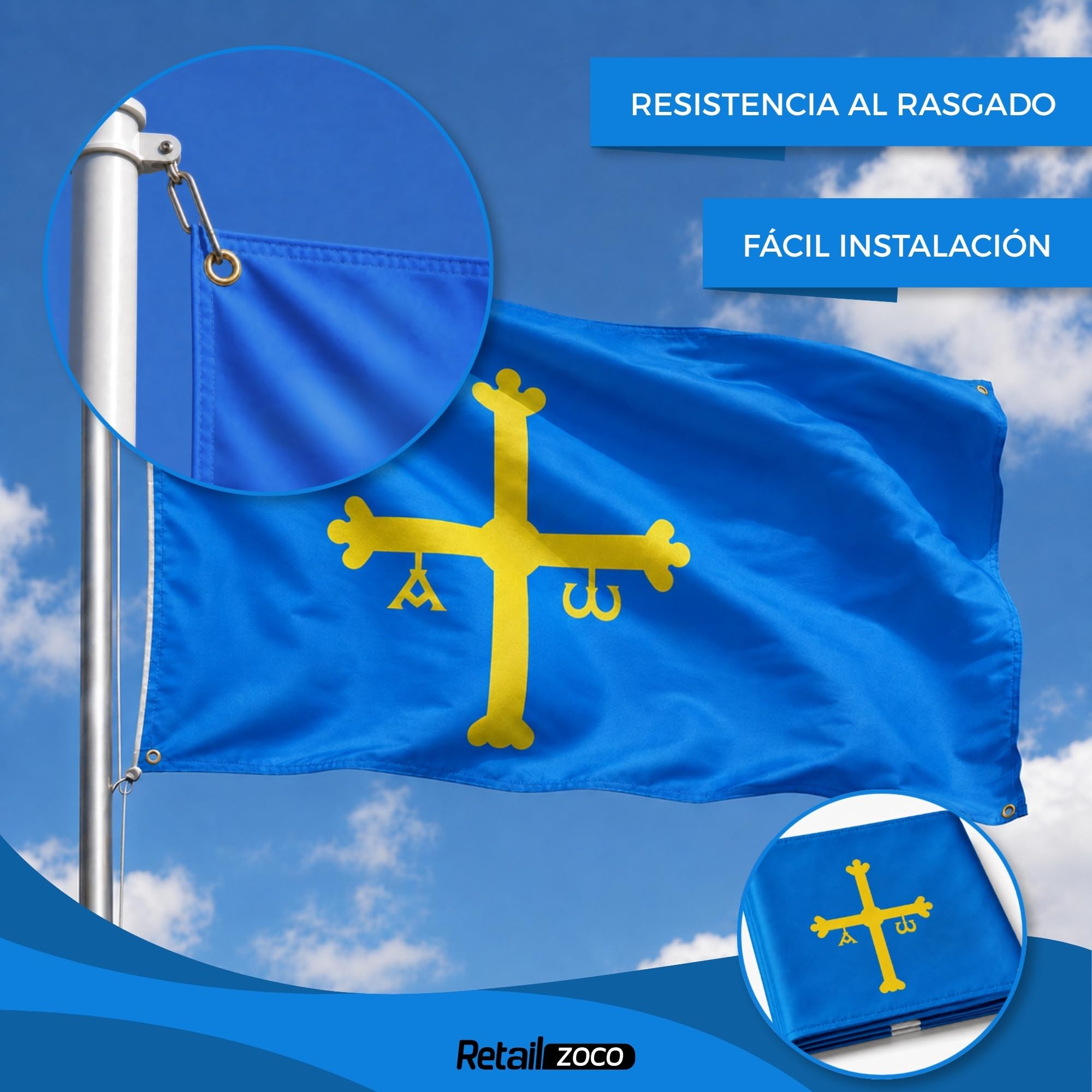 Bandera Asturias 90x150cm, Bandera Cruz de la Victoria con 4 Ojales de Latón, Asturias flag, Banderas de Comunidades para exterior, Material Poliéster, Impresión ambas caras - imagen 6