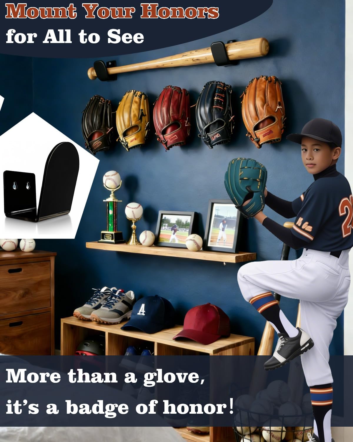 4 Pcs Baseball & Softball Glove Wall Mount Holder、Organizer 、Hanger、Stand、Frame, Keeps Glove Shape,Sports Decor Storage Display Rack for Bedroom、Living Room、Garage or Office, Great Gift for Players
