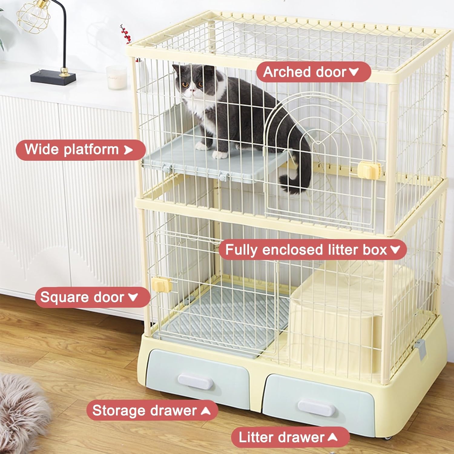 Large, Multi-Floor Cat Enclosure, Metal Cats Kennel, DIY Pet Cage Heavy Duty with Litter Box, Wheels for 1-3 Cats Chinchilla Hedgehog Rabbit(Yellow)