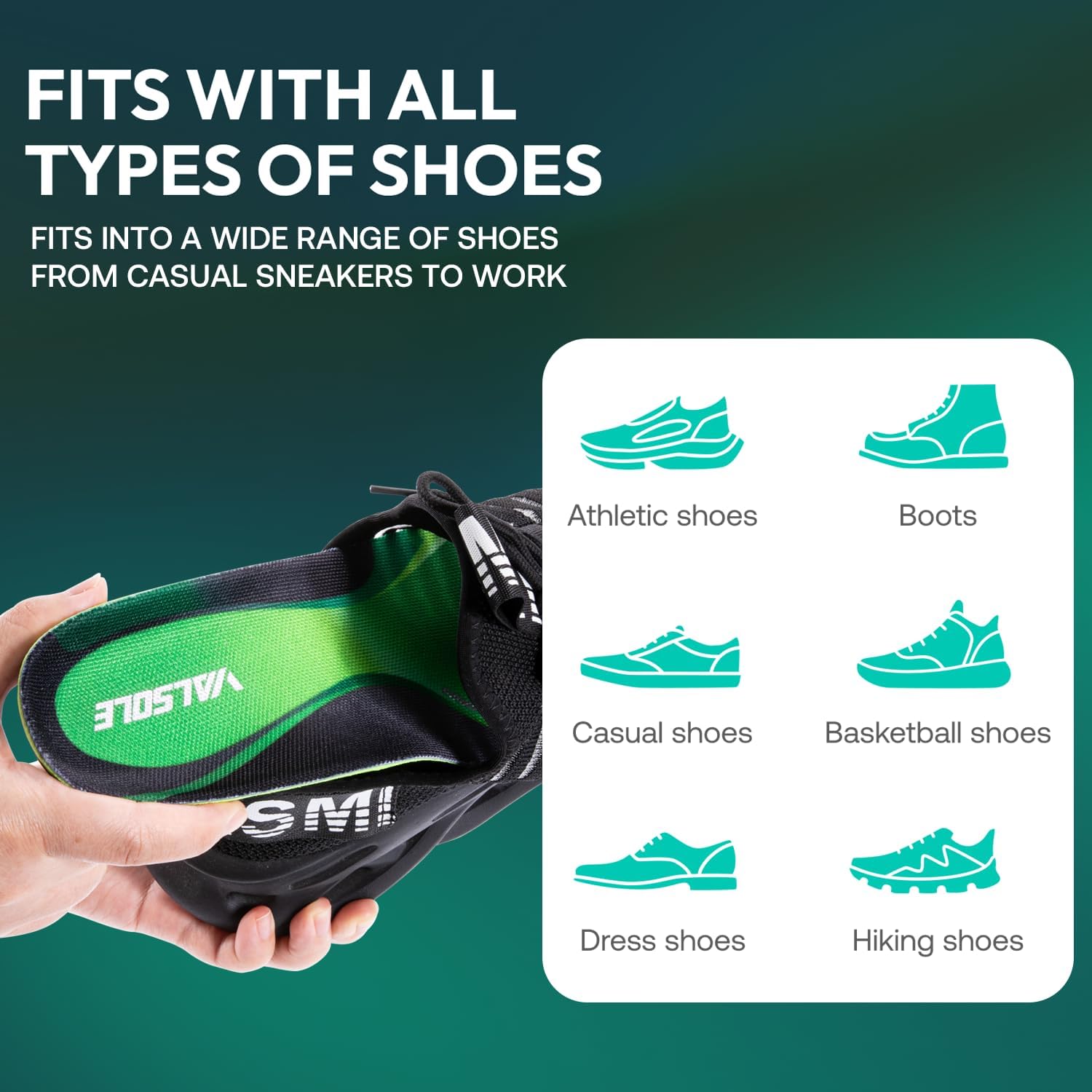 VALSOLE Heavy Duty Support Dynamic Comfort Insoles - Detachable Metatarsal Shock Pad, 3D SLS Printed Shell, Arch Support Insoles for Men Women, Standing All-Day Comfort Work Shoe Insoles Green, S - Image 6