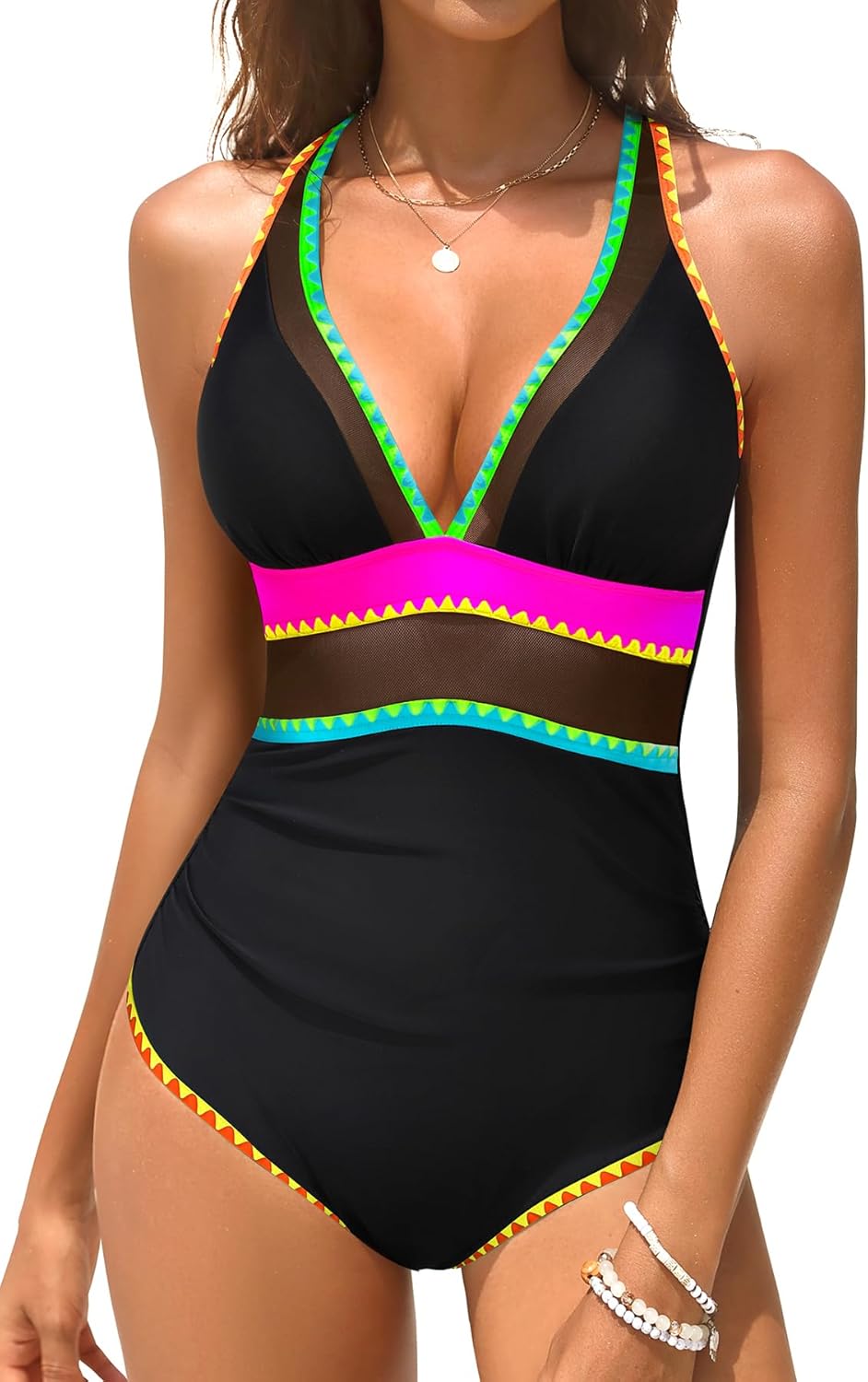 Daci Women's One Piece Swimsuits Tummy Control - Neon Color Block Swimwear Sexy Mesh V Neck Athletic Bathing Suit 2026