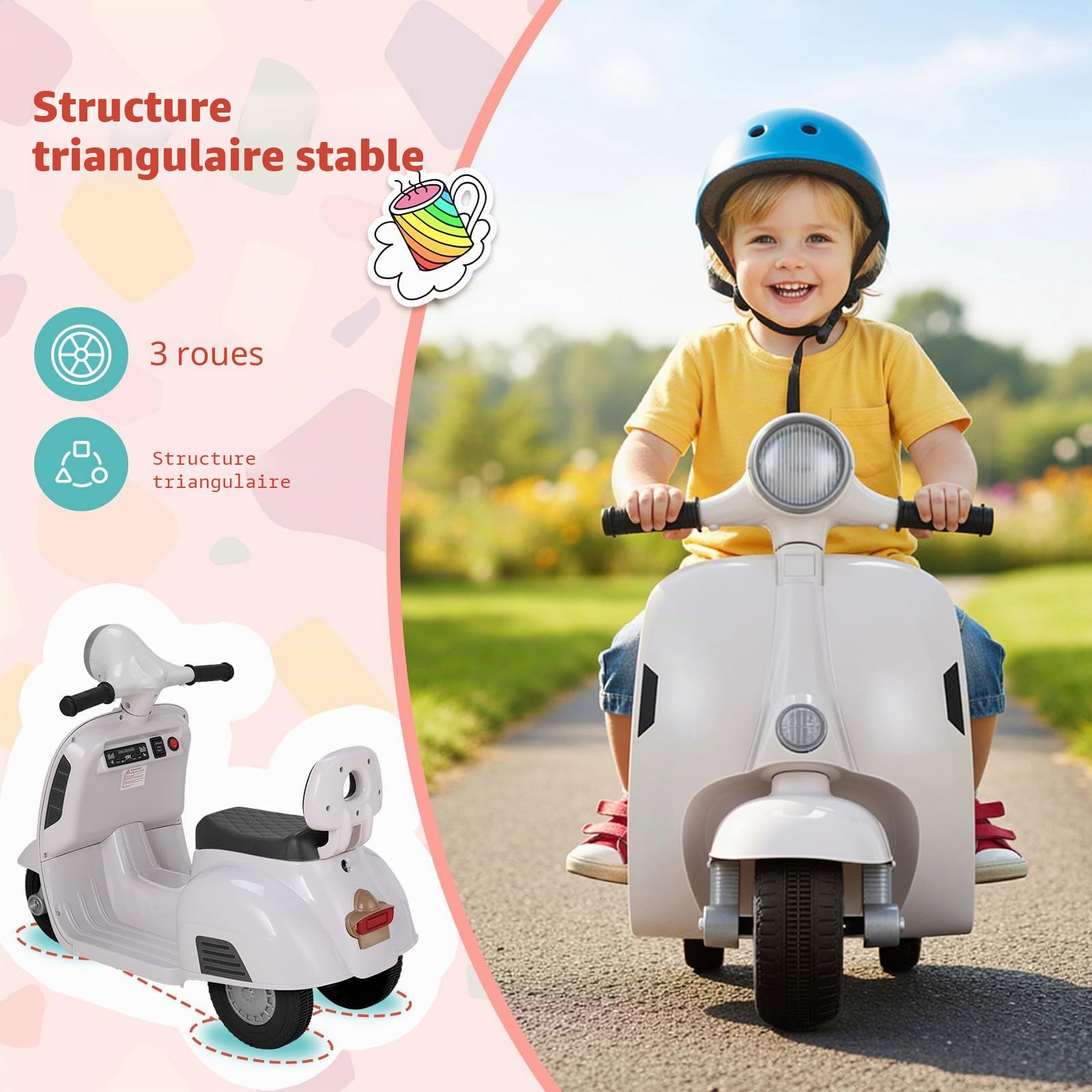 MAMIZO Moto Électrique pour Enfants 6V, Moto Électrique à 3 Roues, Marche Avant et arrière, avec Dossier, Phare, USB, pédale, Musique, 72 x 56 x 37 cm, 2km/h, Max 20kg, pour Enfants de 3-6 Ans, Blanc