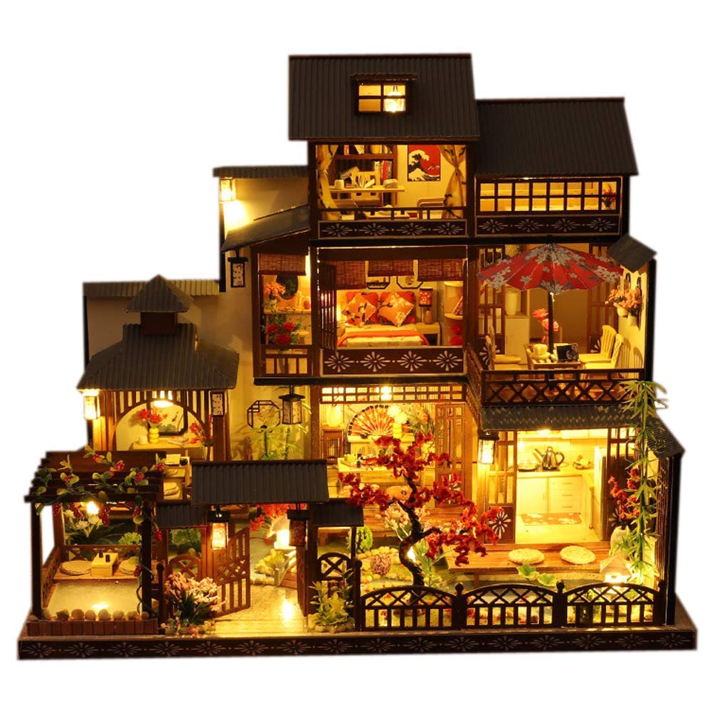 DIY Japanische Villa Szene Architekturmodell Kirschblüten Garten montiert Spielzeug Haus Musikhaus Kit mit Staubschutz 3D Puppenhaus Kreatives Geschenk