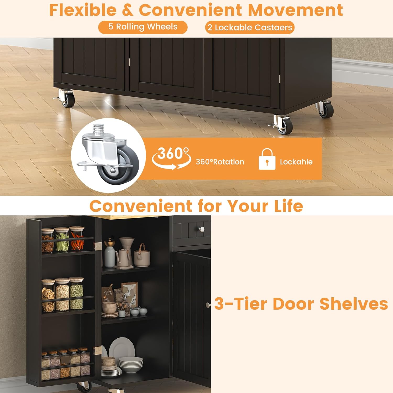 Bigbiglife Kitchen Island with Drop Leaf, Island Table on Wheels with Storage Cabinet, Modern Sideboard Buffet with Doors, Rolling Kitchen Island Cart for Dinning Room,Black