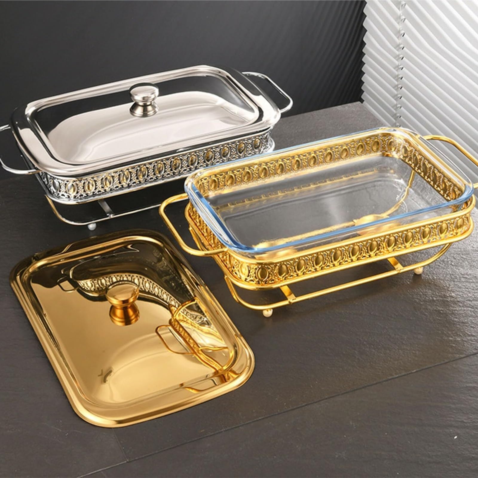 Juego de buffet de plato de frotamiento Chafin ovalado de acero inoxidable | Servidor más cálido con soporte for combustible, bandeja for calentar alimentos rectangulares(Silver,2L)