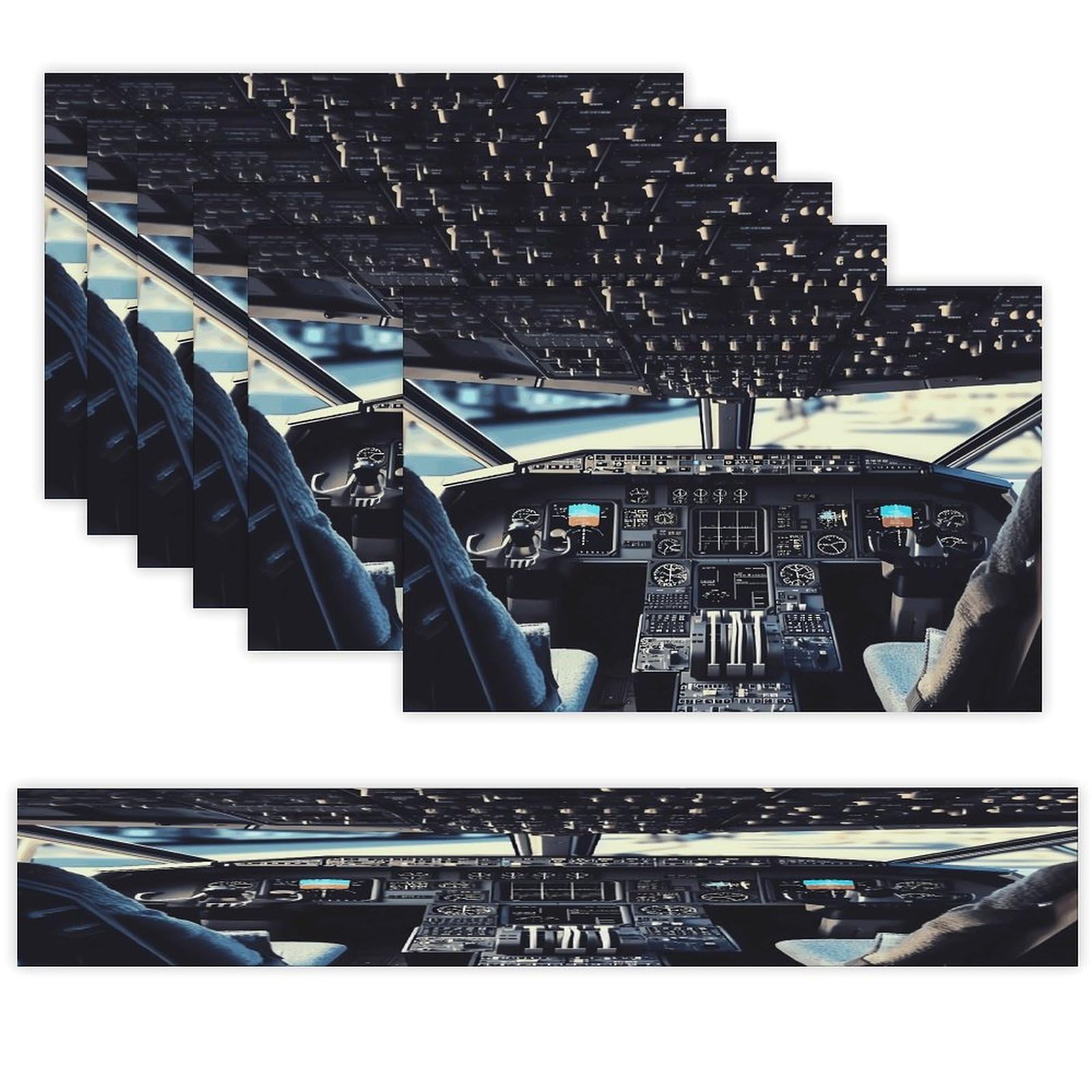 Airplane Cockpit Table Runner and Placemats Set of 6 Wipe Clean Heat Resistant Table Mat with Table Runner Decorations Flax Linen Place Mat Set for Home Kitchen Party Supplies