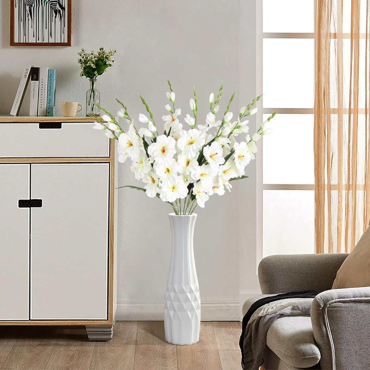 IPOPU White Gladiolus Artificial Flowers 10 PCS 30.3 in Gladiolus Flowers Silk Flowers Long Stem Flowers for Home Wedding Office Decoration(White)
