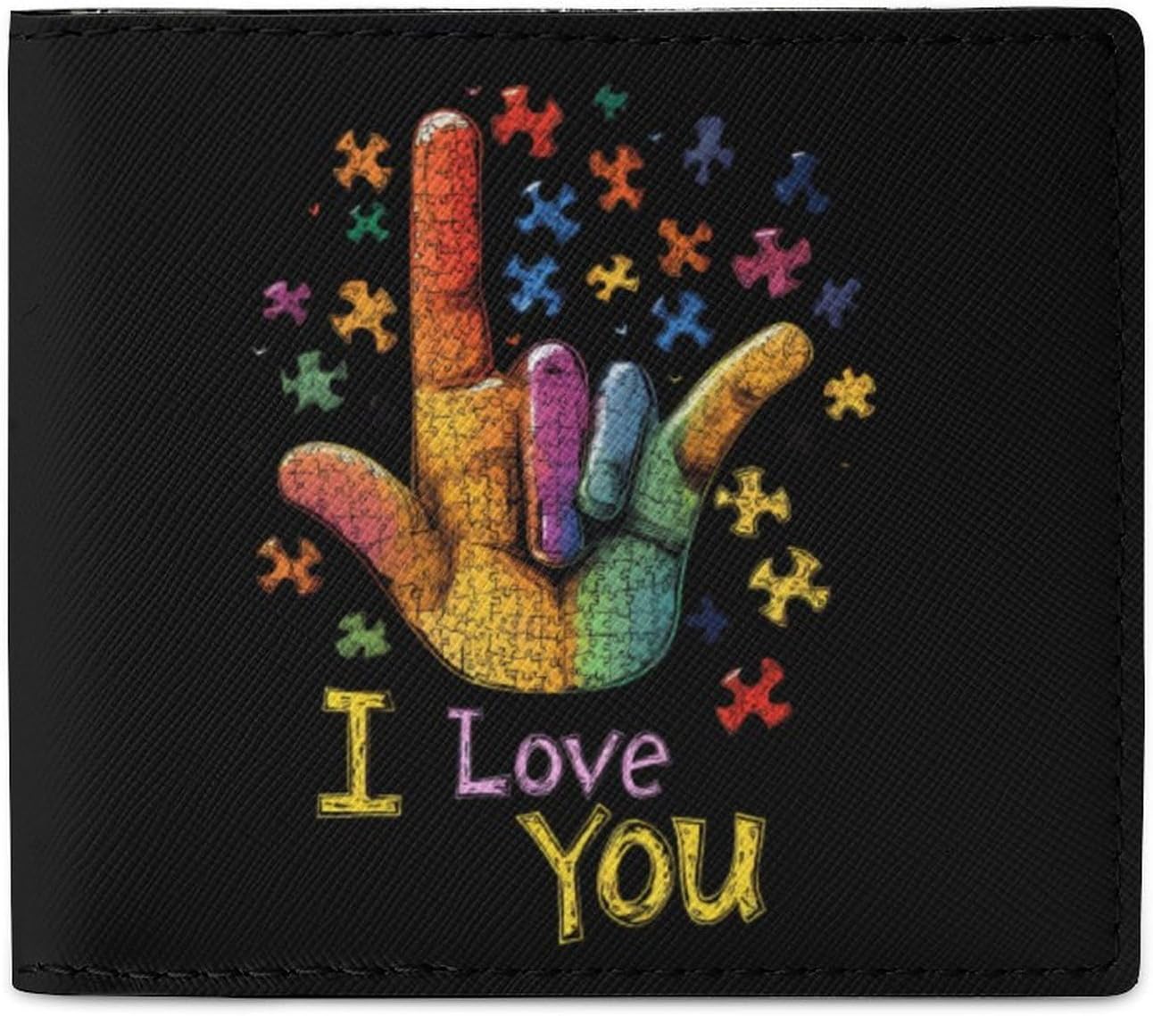 ASL Love Sign Autism Support Slim Billfold Wallet for Men Front Pocket Purse Card Holder with ID Window