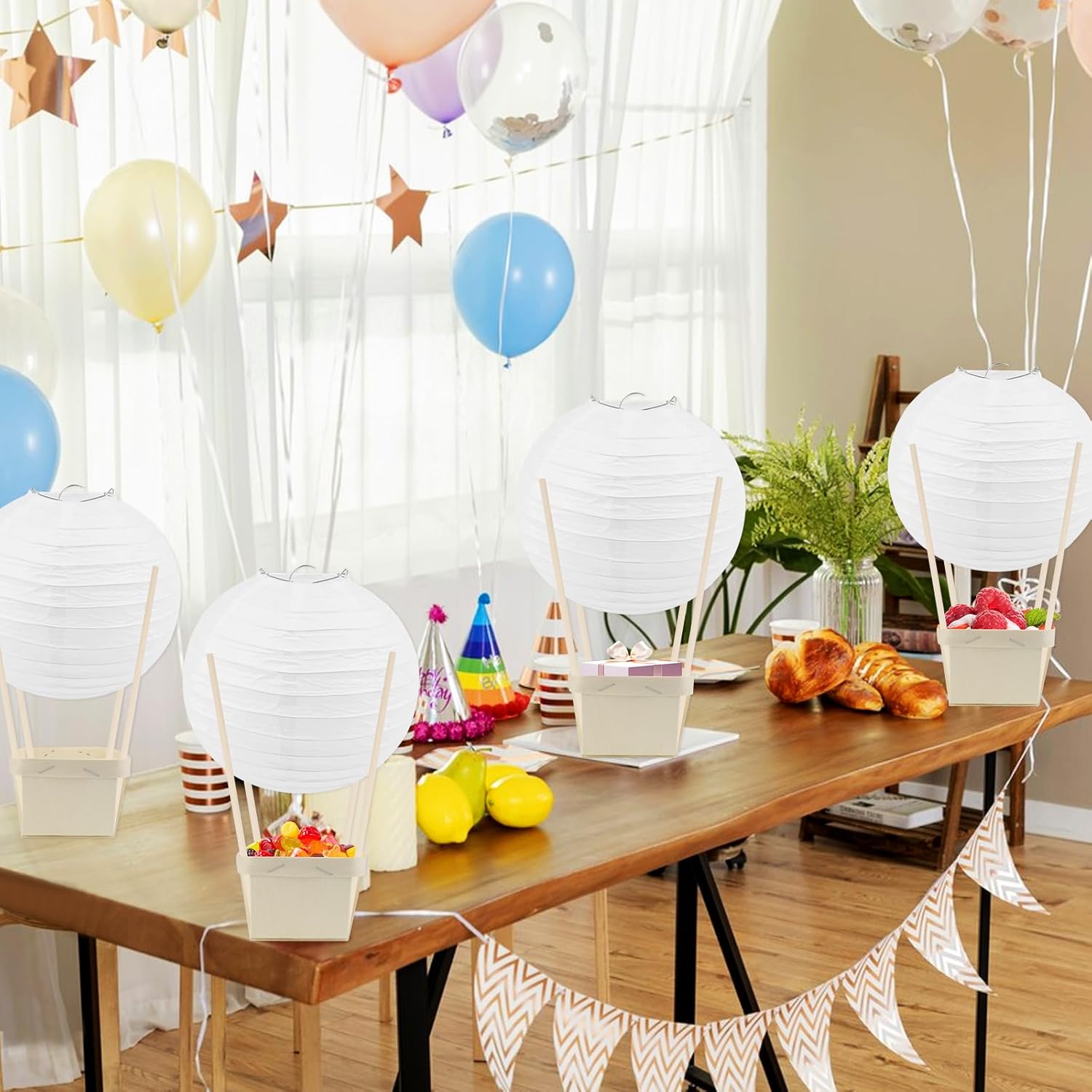 12PCS Hot Air Balloon Paper Lanterns Table Centerpieces Decoration DIY Paper Lanterns Wooden Berry Boxes with Sticks for Birthday Wedding Party Table Decor Christmas Party Decor Gift (White)