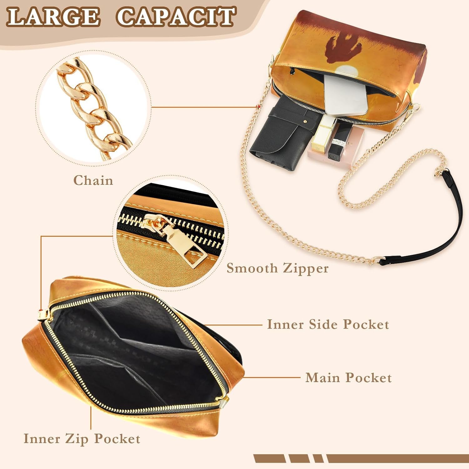 Women Crossbody Bag Shoulder Handbag Cellphone Purse PU Leather Metal Chain Strap Water Resistant Zipper Closure Sun Sasquatch Print