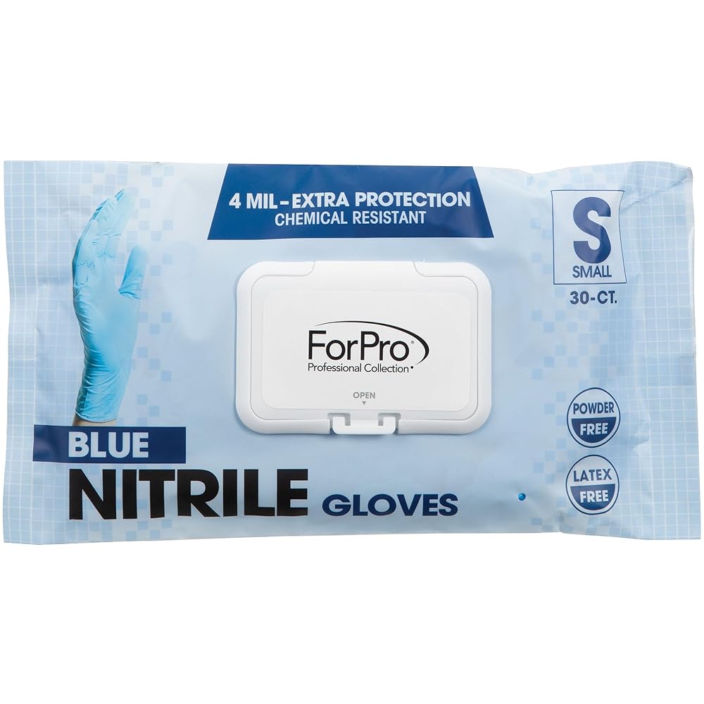 ForPro Professional Collection Disposable Nitrile Gloves, Chemical Resistant, Powder-Free, Latex-Free, Non-Sterile, Food Safe, 4 Mil, Blue, Small, 30-Count