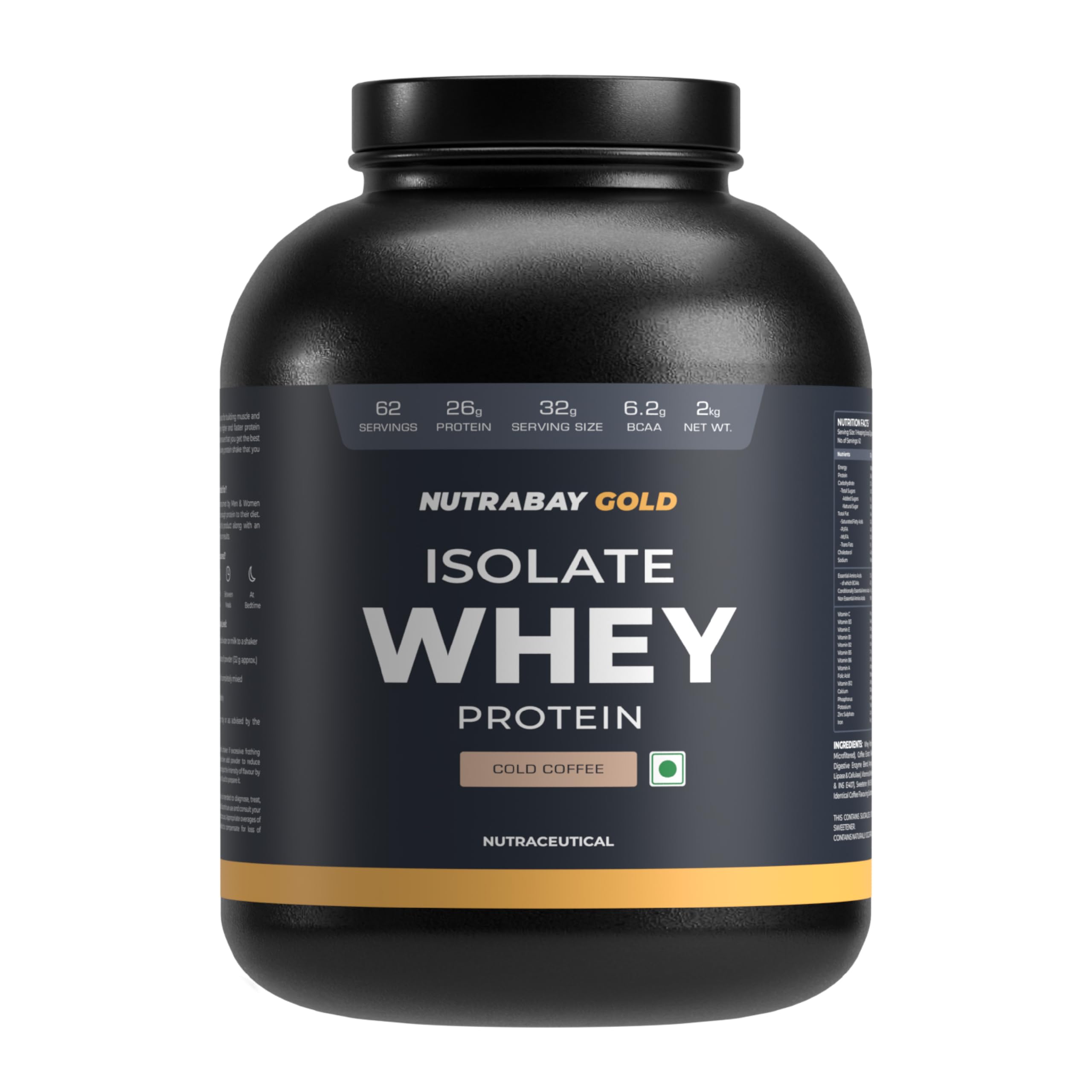 Nutrabay Gold Whey Protein Isolate Powder 26g Protein, 6.2g BCAA per Serving, Easy to Digest, NABL Lab Tested – Muscle Growth & Recovery – 2kg, Cold Coffee|100% Authentic Clean Protein