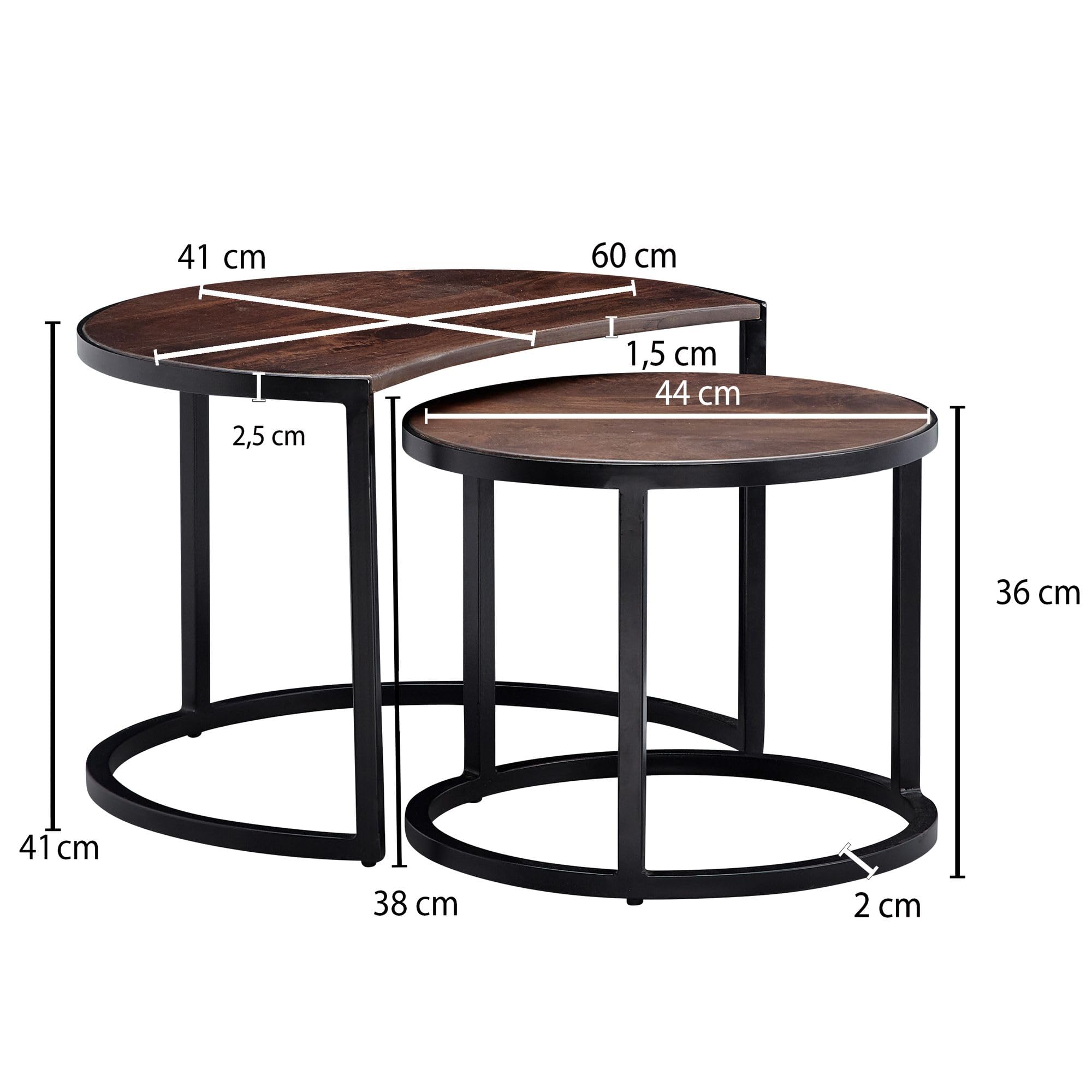 FineBuy Tavolino Set di 2 Mango Massello Rotondo Nero, Tavolini Impilabili | tavolini in stile industriale con struttura in metallo, tavolini da soggiorno in vero legno, pezzi unici fatti a mano