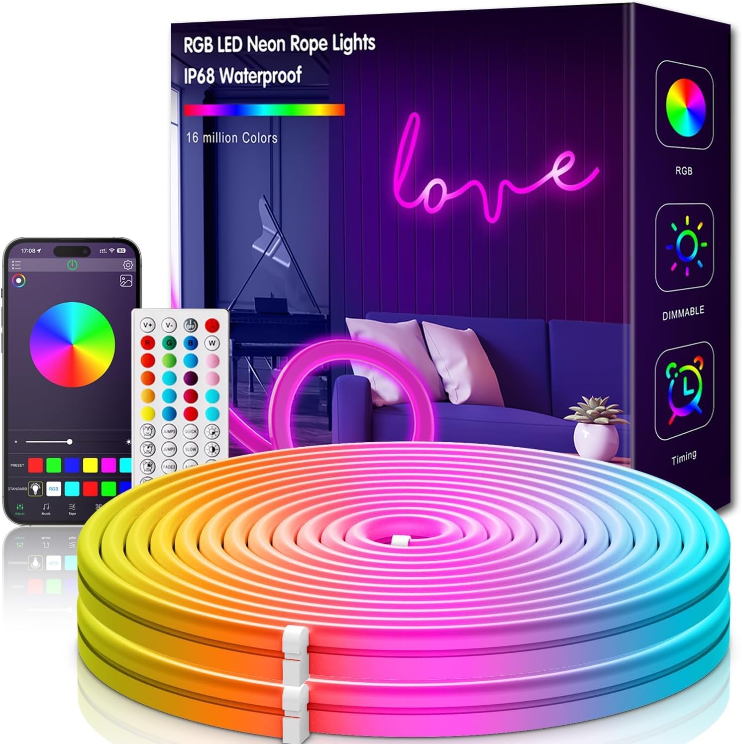 KIKO 32.8ft Rope Lights, 10m Led Strip Lights Remote APP Control,IP67 Outdoor Neon Lights Music Sync Led Rope Lights DIY Mode Neon Flex Strip Lights