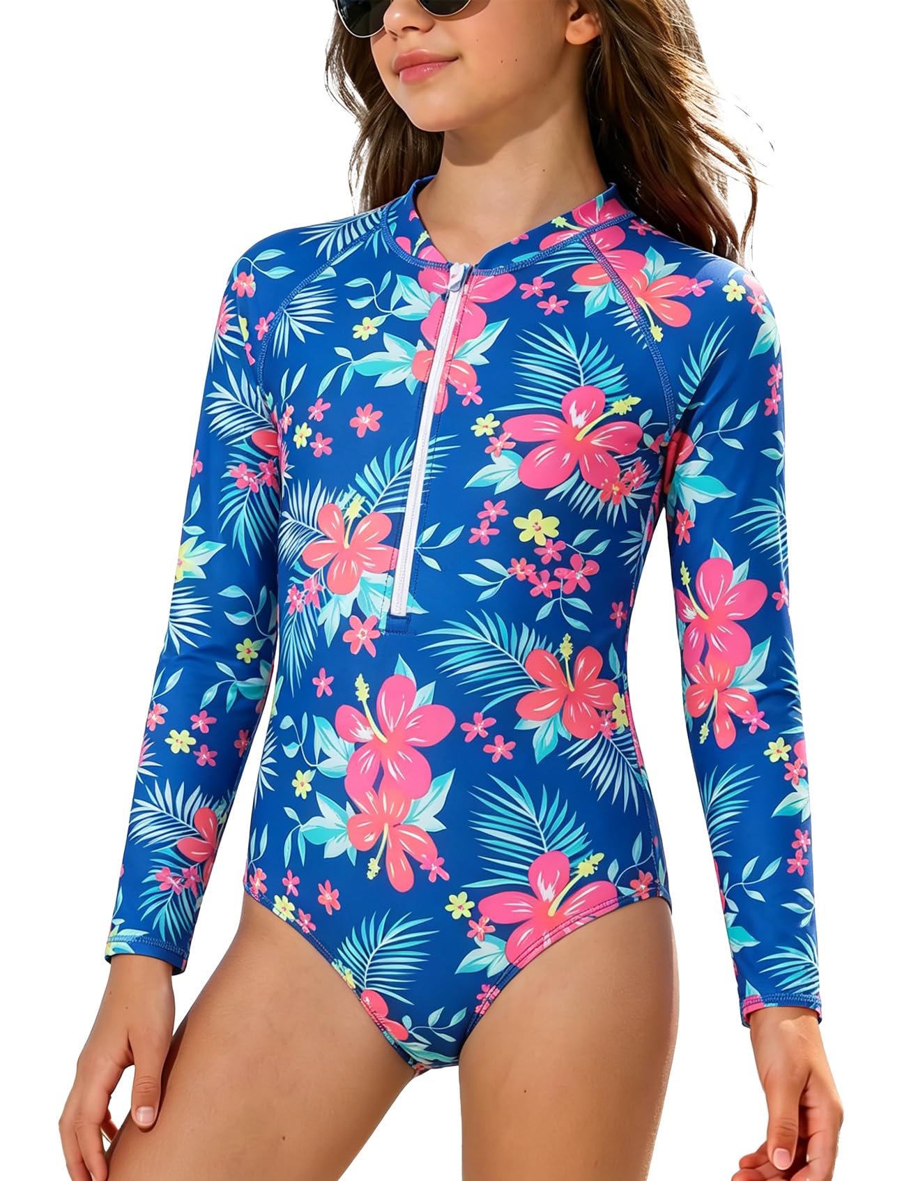 JiAmy Mädchen Badeanzug Kinder Langärmelig UV Schwimmanzug Einteilig Sommer Sportlich Rash Guards für 3–12 Jahre/98-158