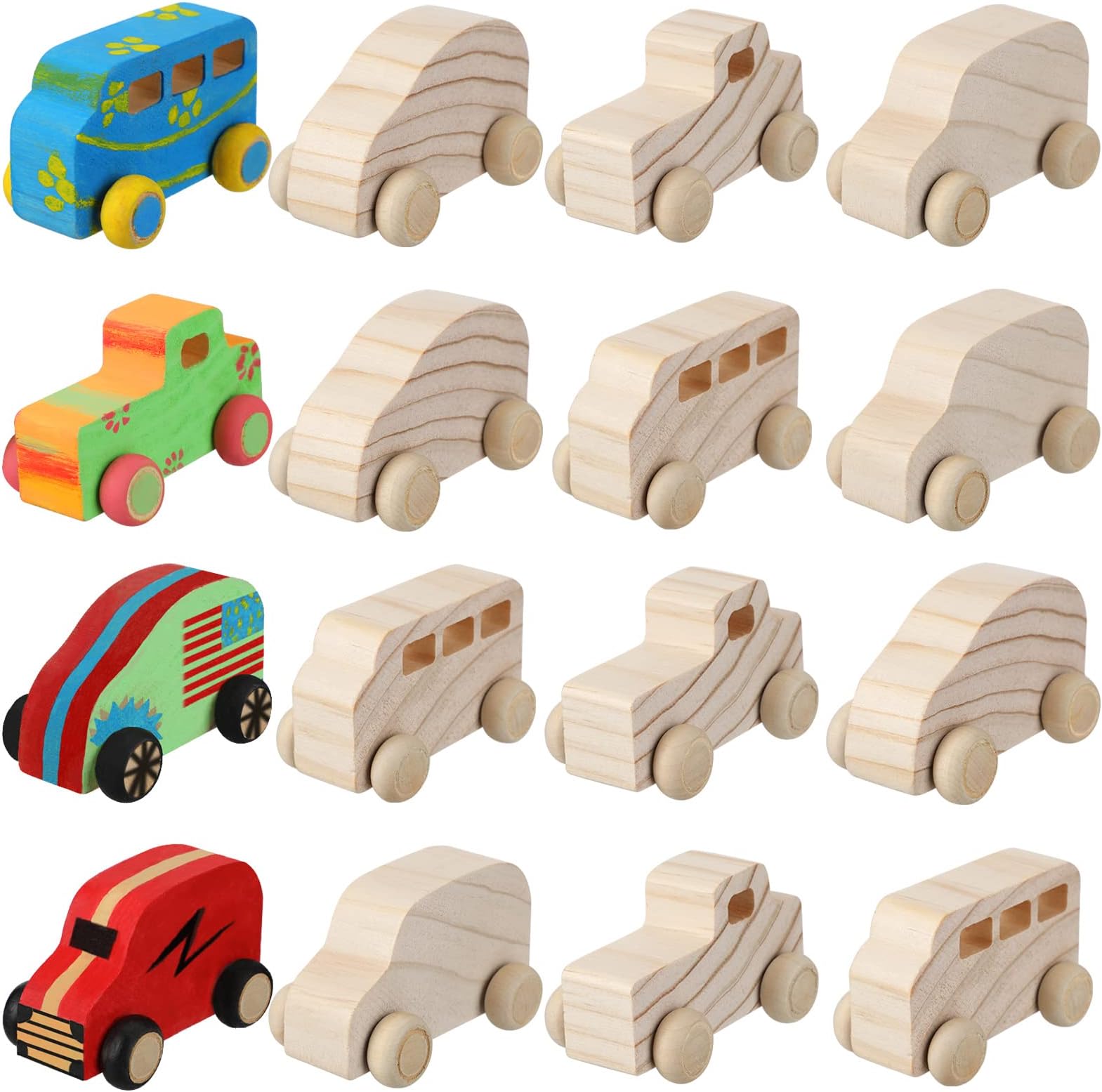 Chivao 12 Pcs Wooden Cars to Paint for Kids DIY Car Toys Unfinished Wooden Cars Paintable Crafts Things to Paint for Students Home Activities Craft Projects, Easy Woodworking(Cute Style)