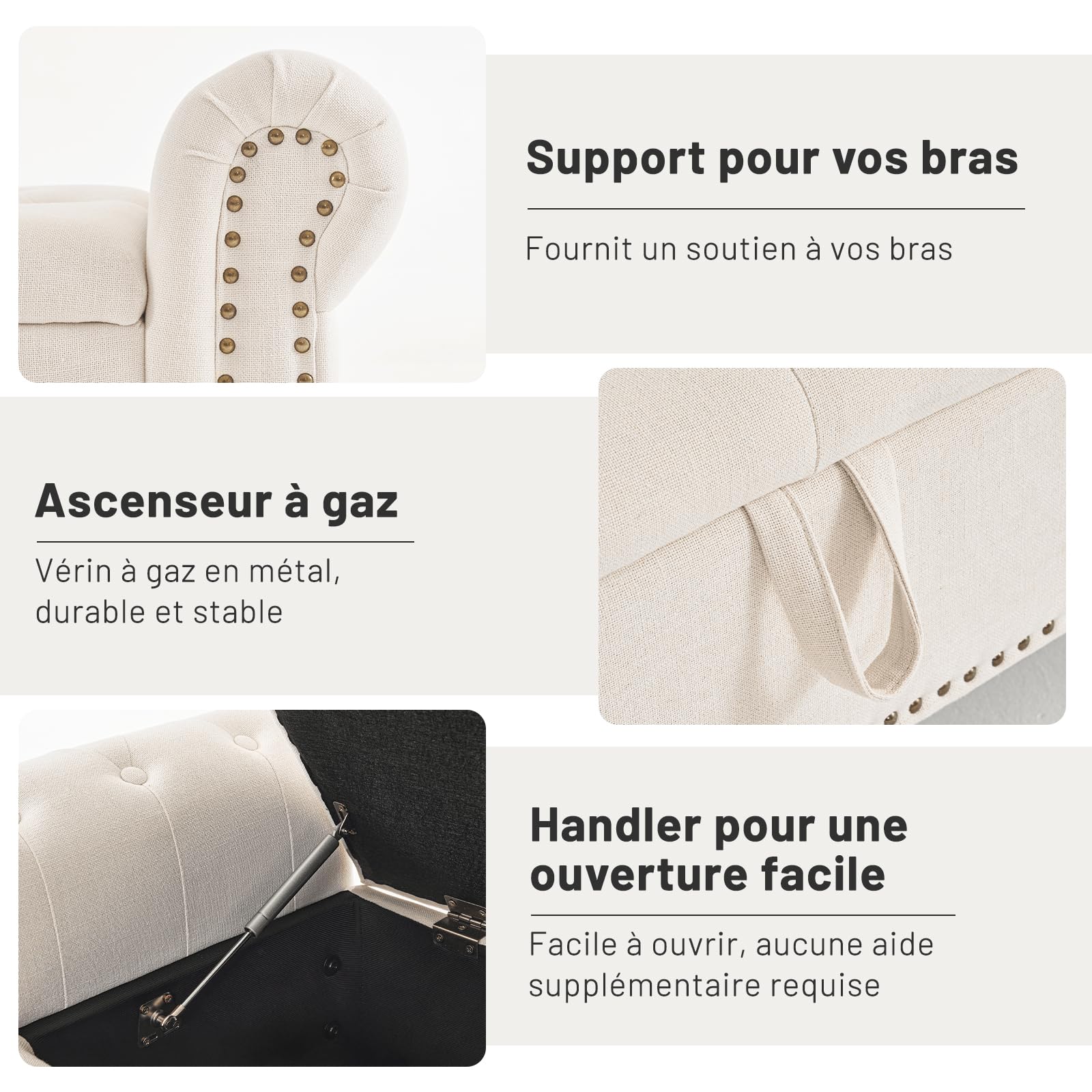 Banc de Rangement Salon, Lit Banquette Ottomane Bout de Lit Boîte de Rangement Banquette Tapissé Banc de Chaussures avec Accoudoirs pour Chambre à Coucher Salon Couloir, Lin, Beige, 160cm