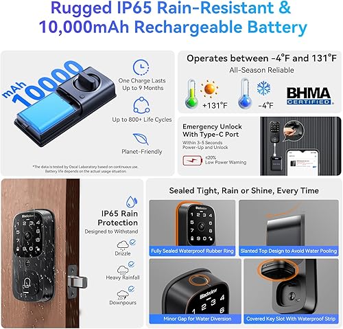 Miniatura 5 de Blackview Cerradura inteligente de video SE80, cámara 3 en 1 de puerta 3.5K+timbre+cerradura de puerta de entrada sin llave de huellas dactilares,