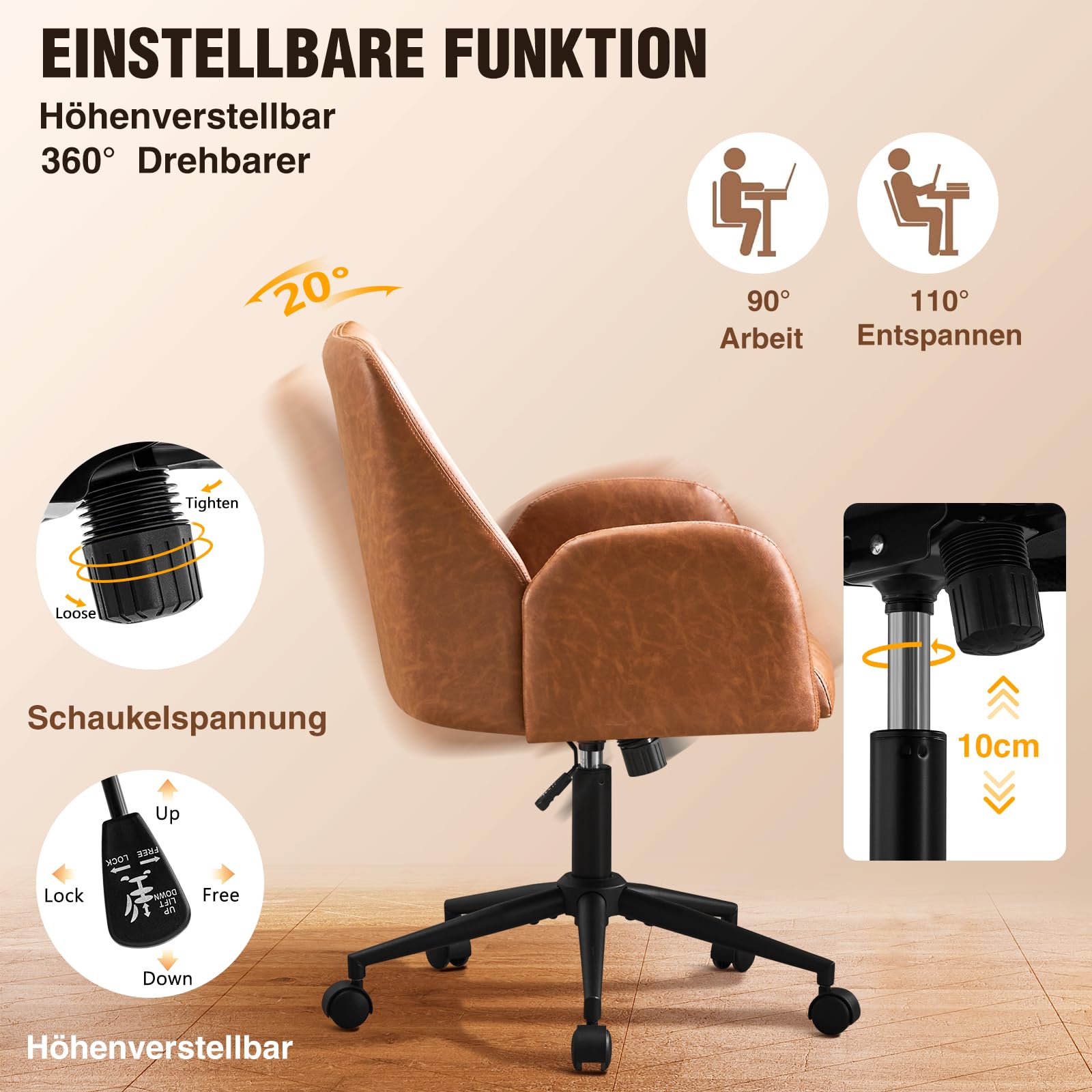 Bürostuhl Ergonomisch, PU Leder Homeoffice Stuhl, Drehstuhl, Schreibtischstuhl Computerstuhl mit Gepolsterter Armlehnen und Höhenverstellbar, Neigefunktion für Büro Schlafzimmer, Braun