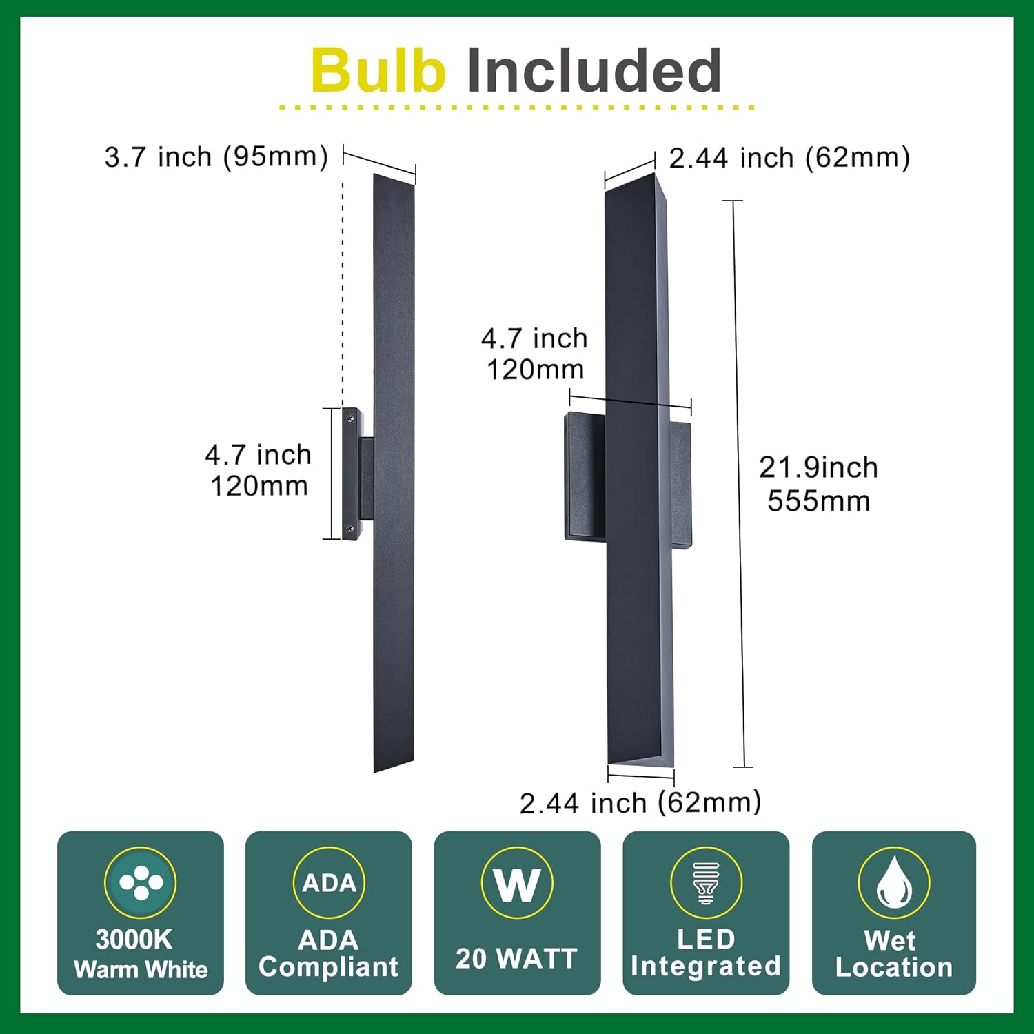 Tarentlight Modern Minimalist 20W LED Outdoor Wall Light, IP65 Waterproof, 1700 Lumens Warm White, Black Textured Aluminum & Frosted Glass, Wall-Mounted Porch Lights for Garage, Patio, Entryway
